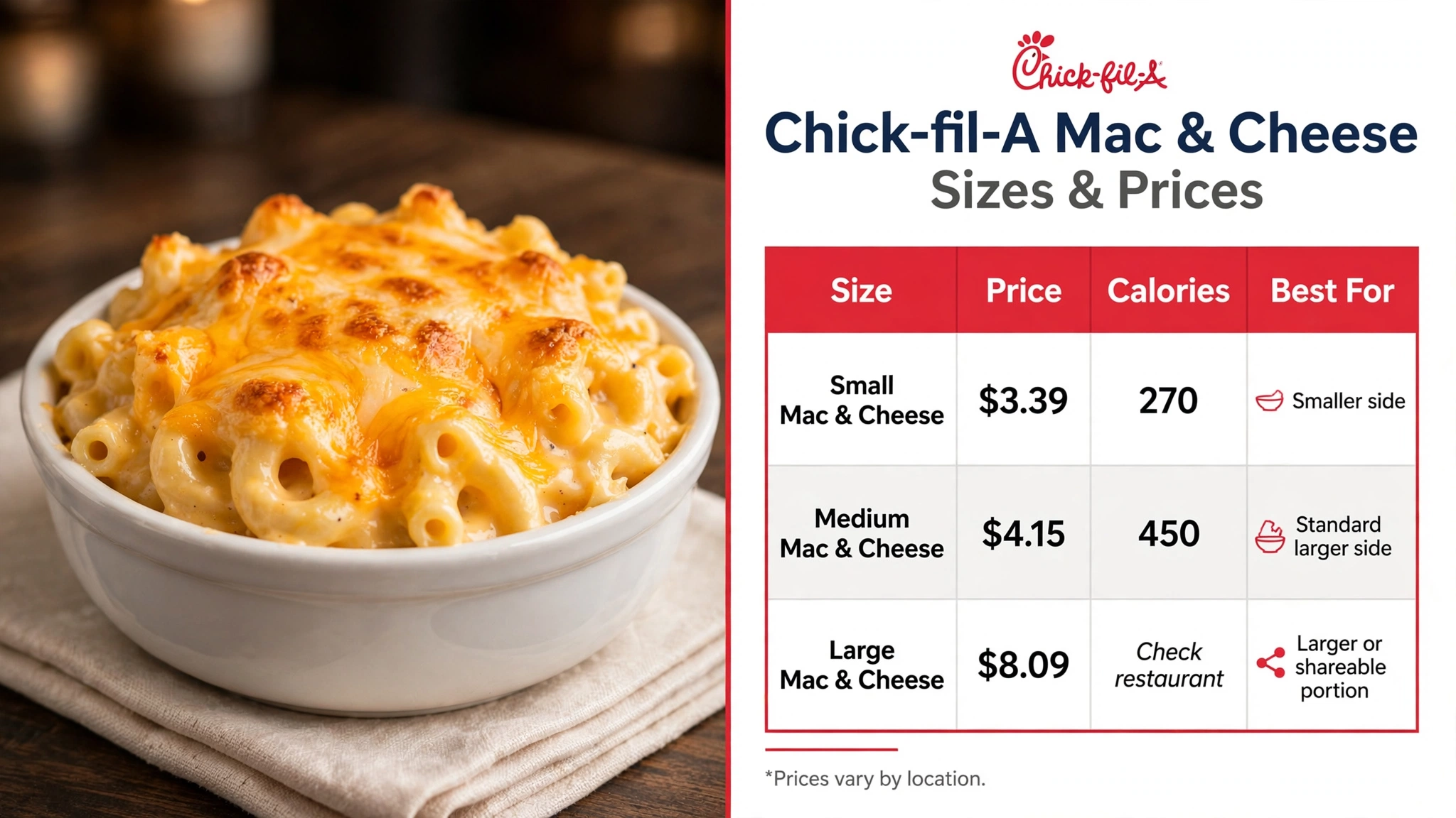 Chick-fil-A Mac and Cheese sizes and prices infographic
