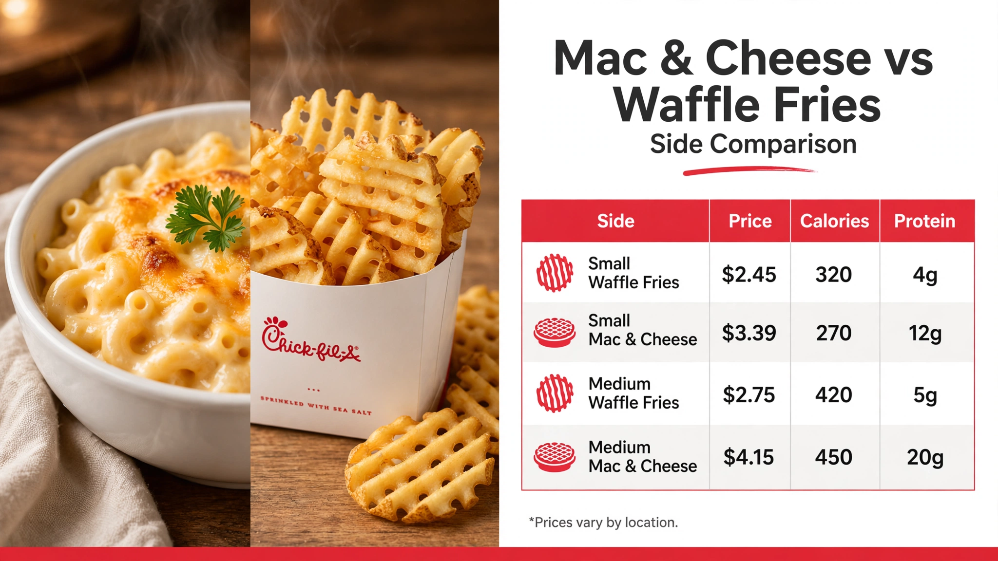 Mac and Cheese vs Waffle Fries side comparison infographic