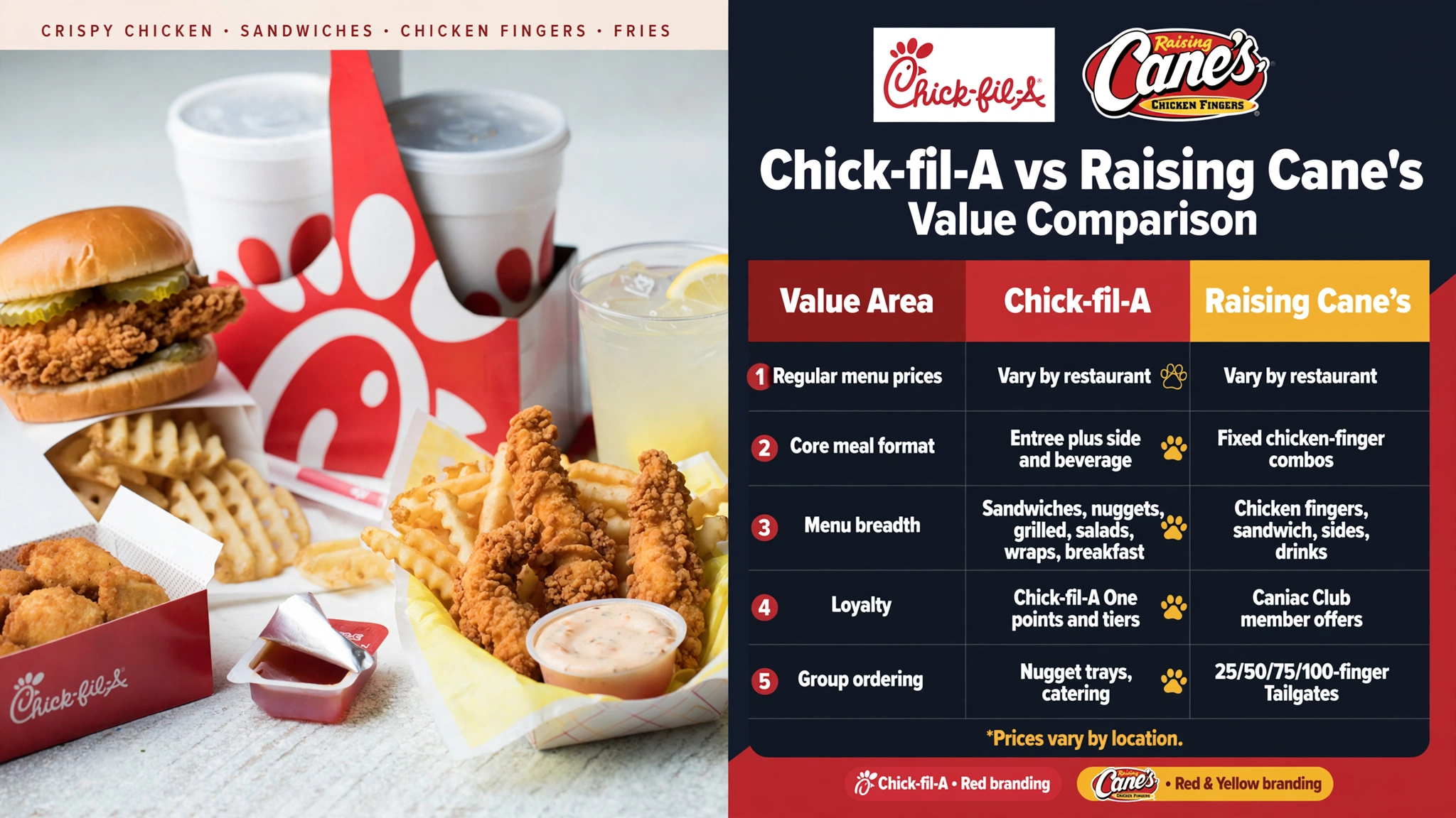 Chick-fil-A vs Raising Cane's price comparison infographic