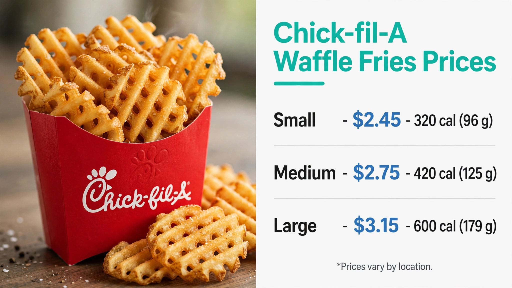 Infographic showing Chick-fil-A waffle fries prices, calories, and serving weights for small, medium, and large sizes