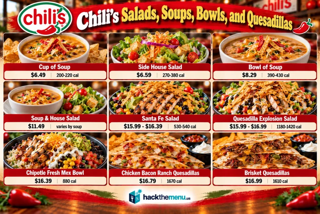 Chilis Menu Salads Soups Bowls Quesadillas infographic