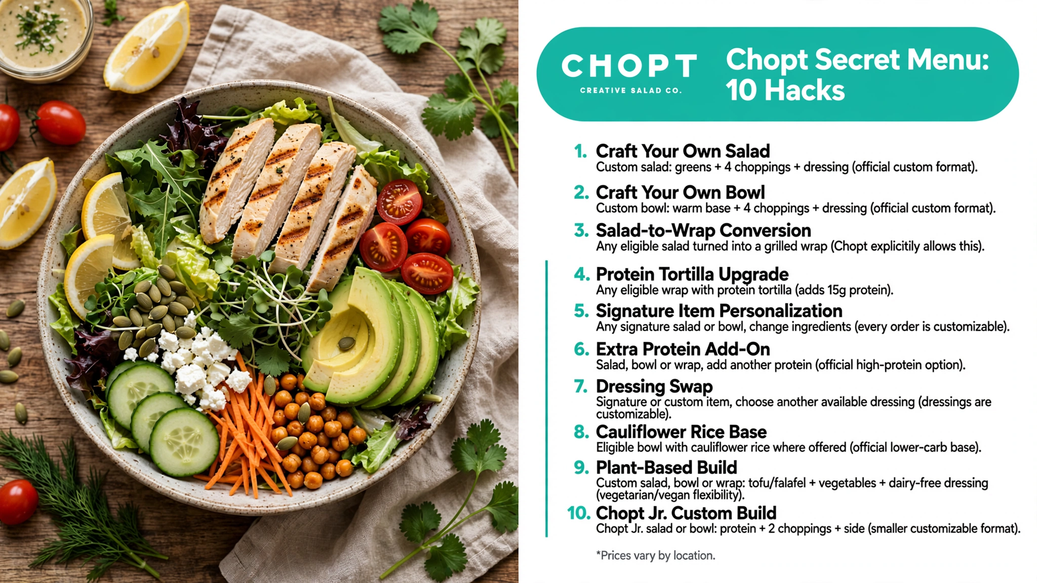 Chopt Secret Menu 10 salad hacks infographic with craft your own salad bowl wrap conversion protein tortilla upgrade and ordering tips