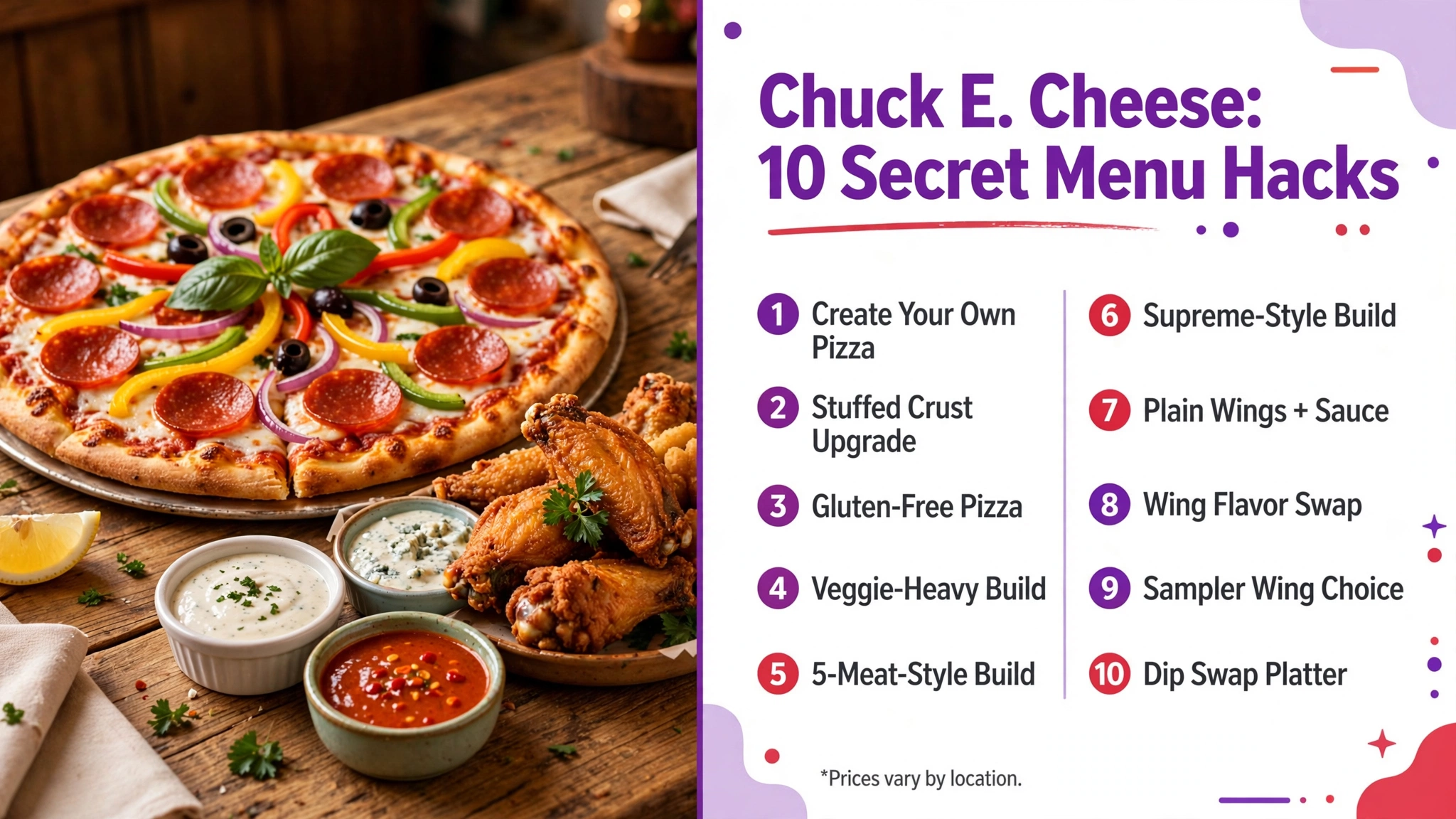 Chuck E. Cheese secret menu: 10 pizza and wing hacks including Create Your Own Pizza, Stuffed Crust Upgrade, and Wing Flavor Swap