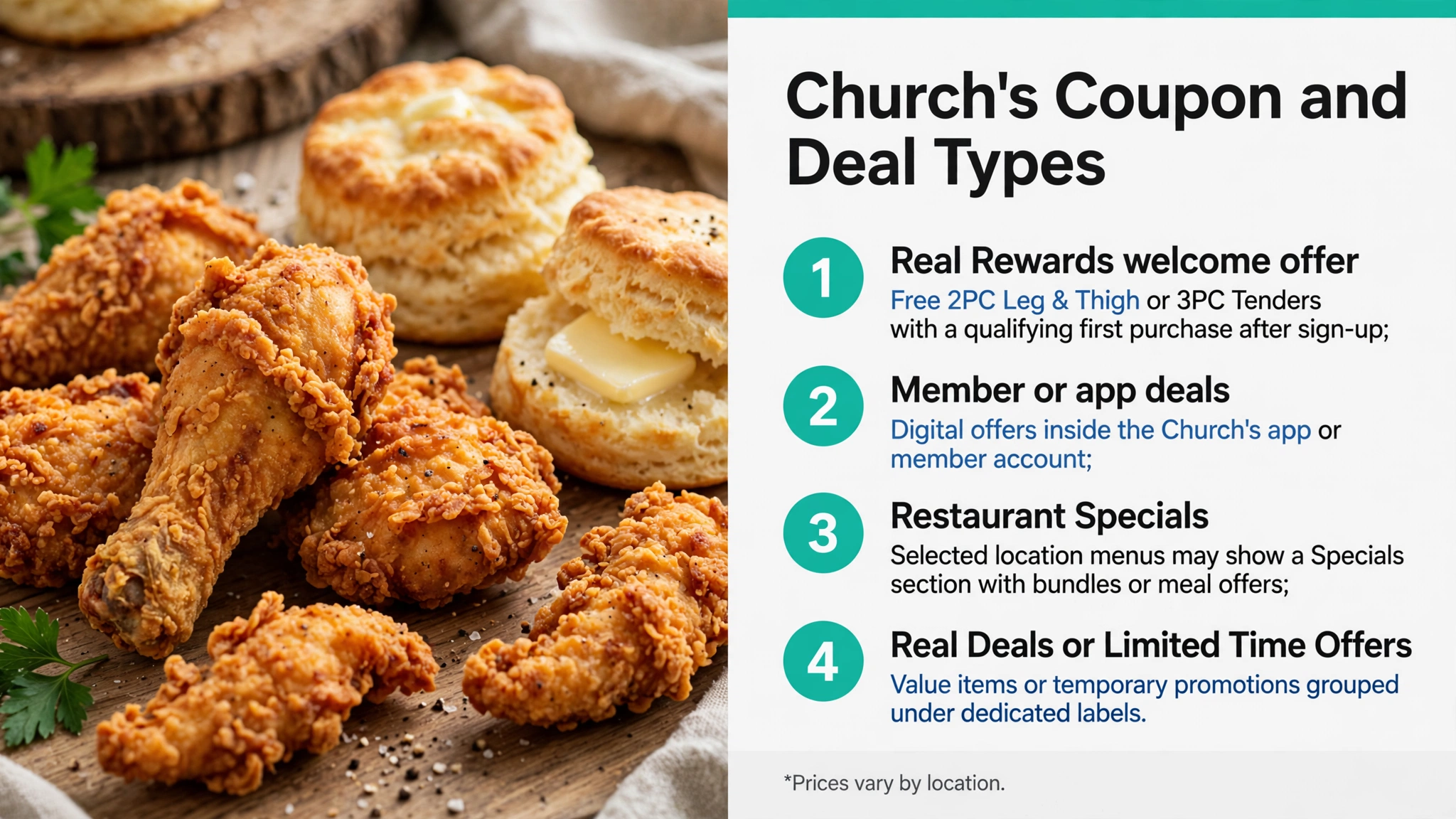 Churchs Chicken coupon and deal types infographic: Real Rewards welcome offer, member or app deals, restaurant specials, and Real Deals or limited time offers