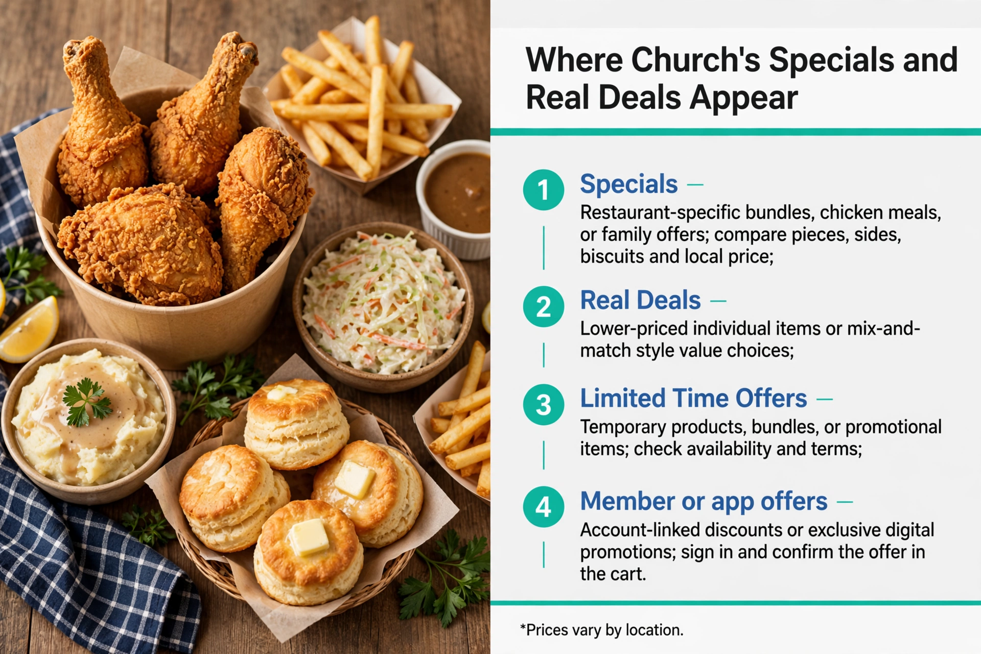Where Churchs Specials and Real Deals appear infographic: Specials, Real Deals, Limited Time Offers and member or app offers explained