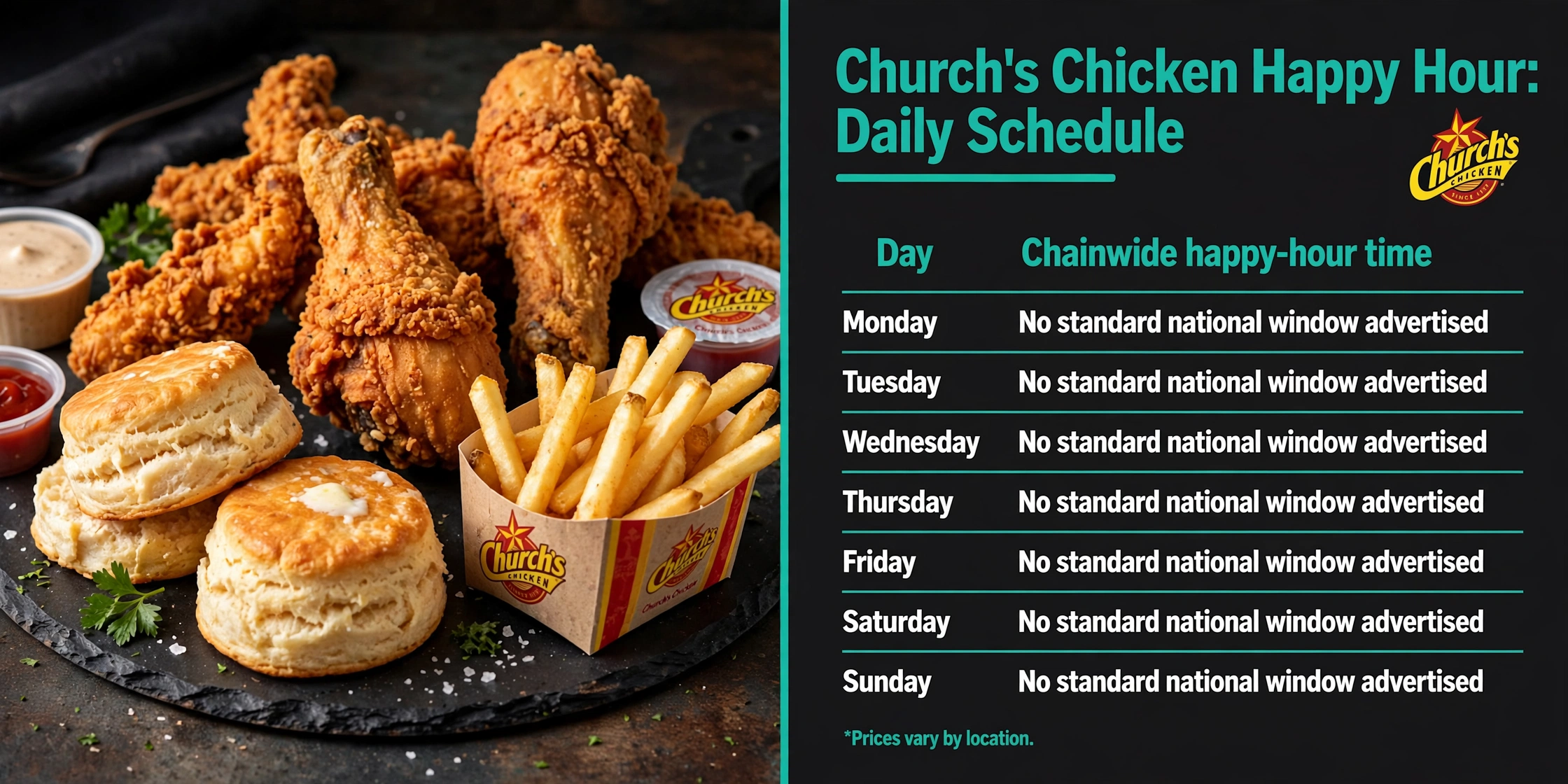 Church's Chicken happy hour daily schedule infographic