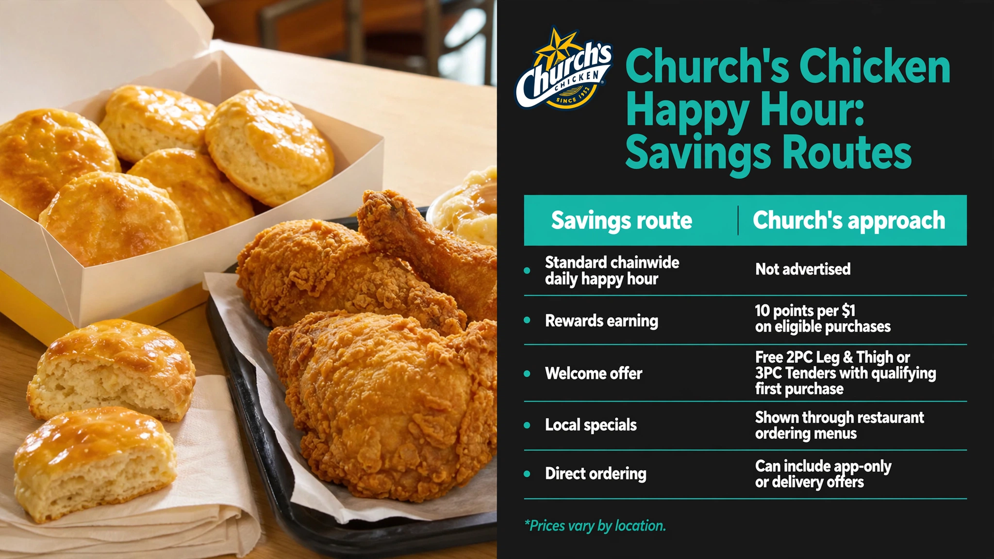 Church's Chicken happy hour savings routes infographic