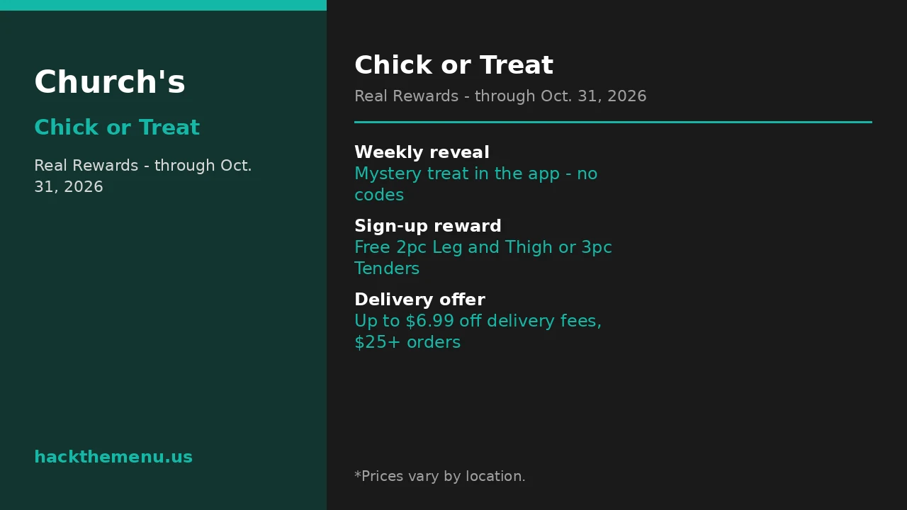 Churchs Texas Chicken Chick Or Treat deal infographic