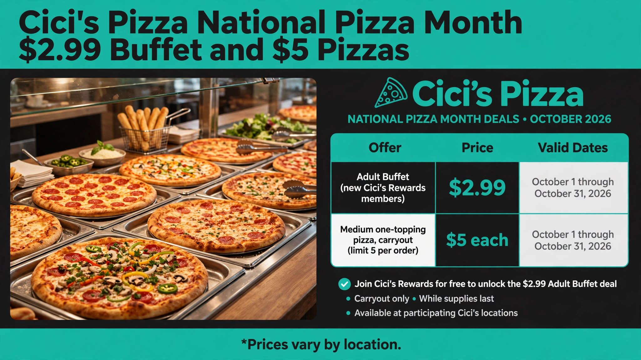 Cici's Pizza National Pizza Month .99 buffet and  pizzas deals infographic