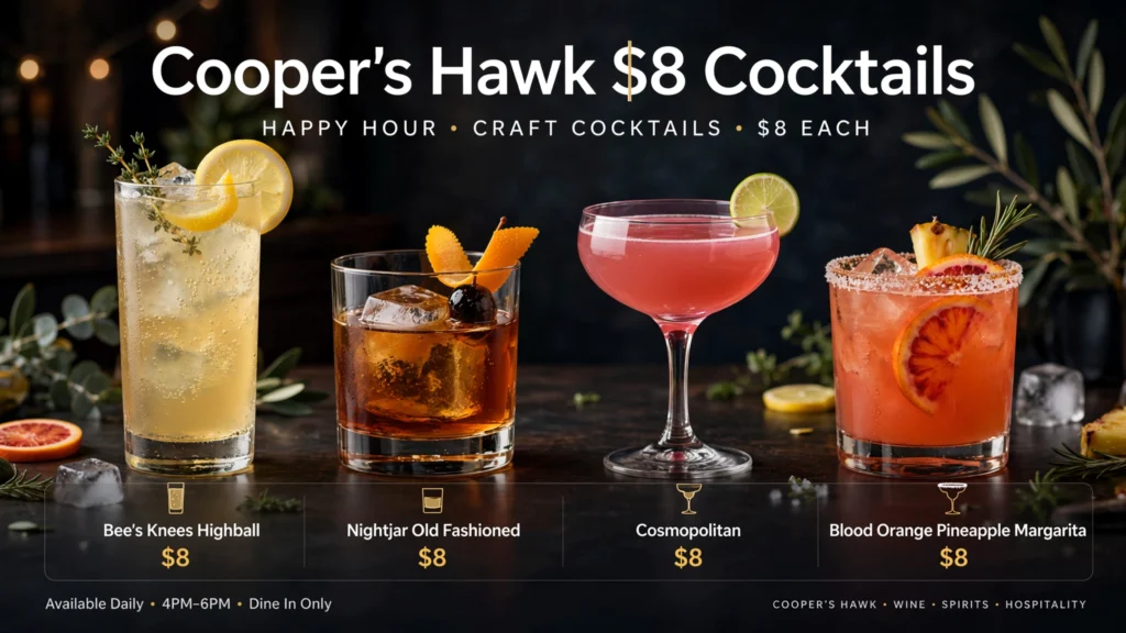 Cooper's Hawk $8 cocktails happy hour infographic