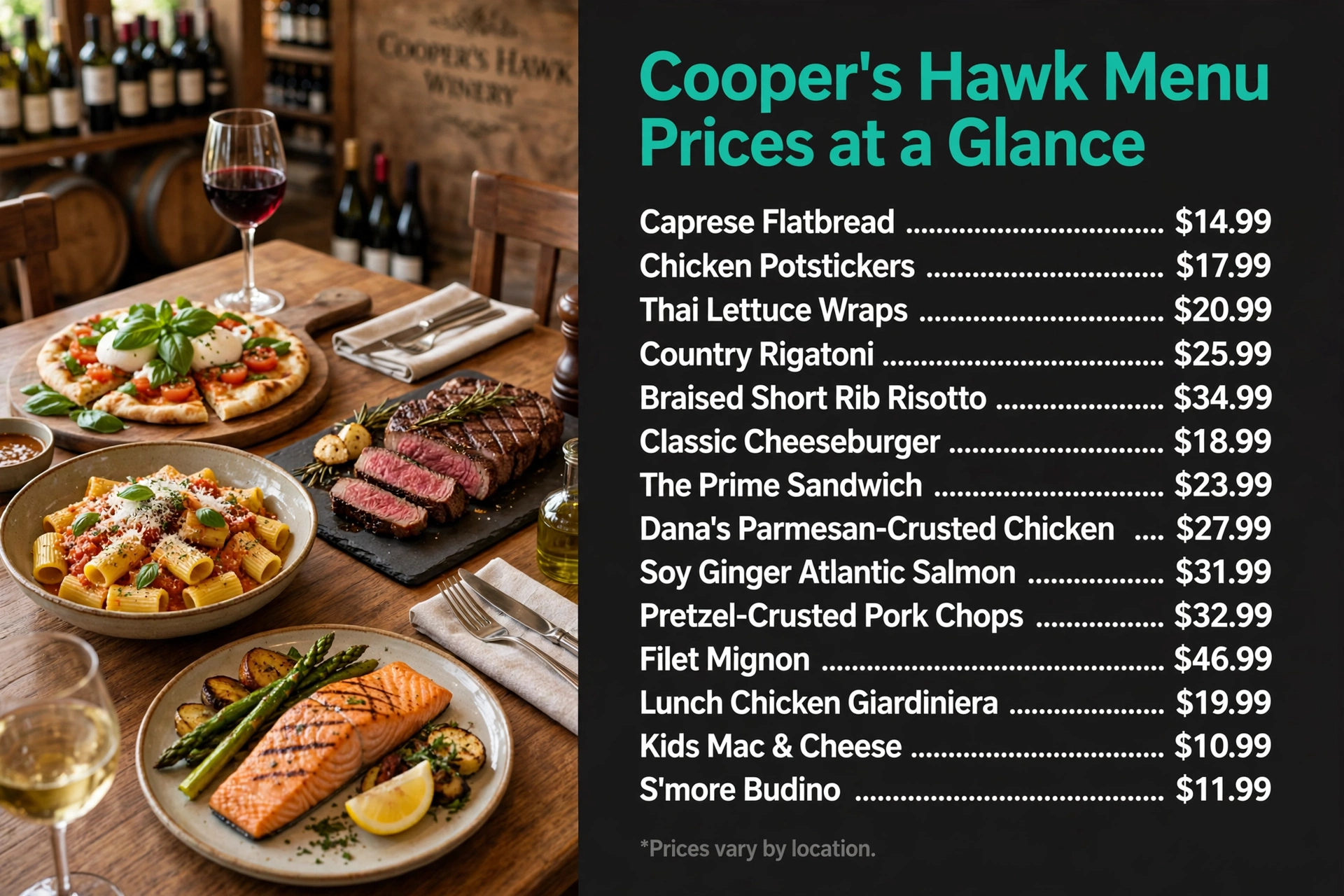 Cooper's Hawk menu prices at a glance infographic with item names and prices