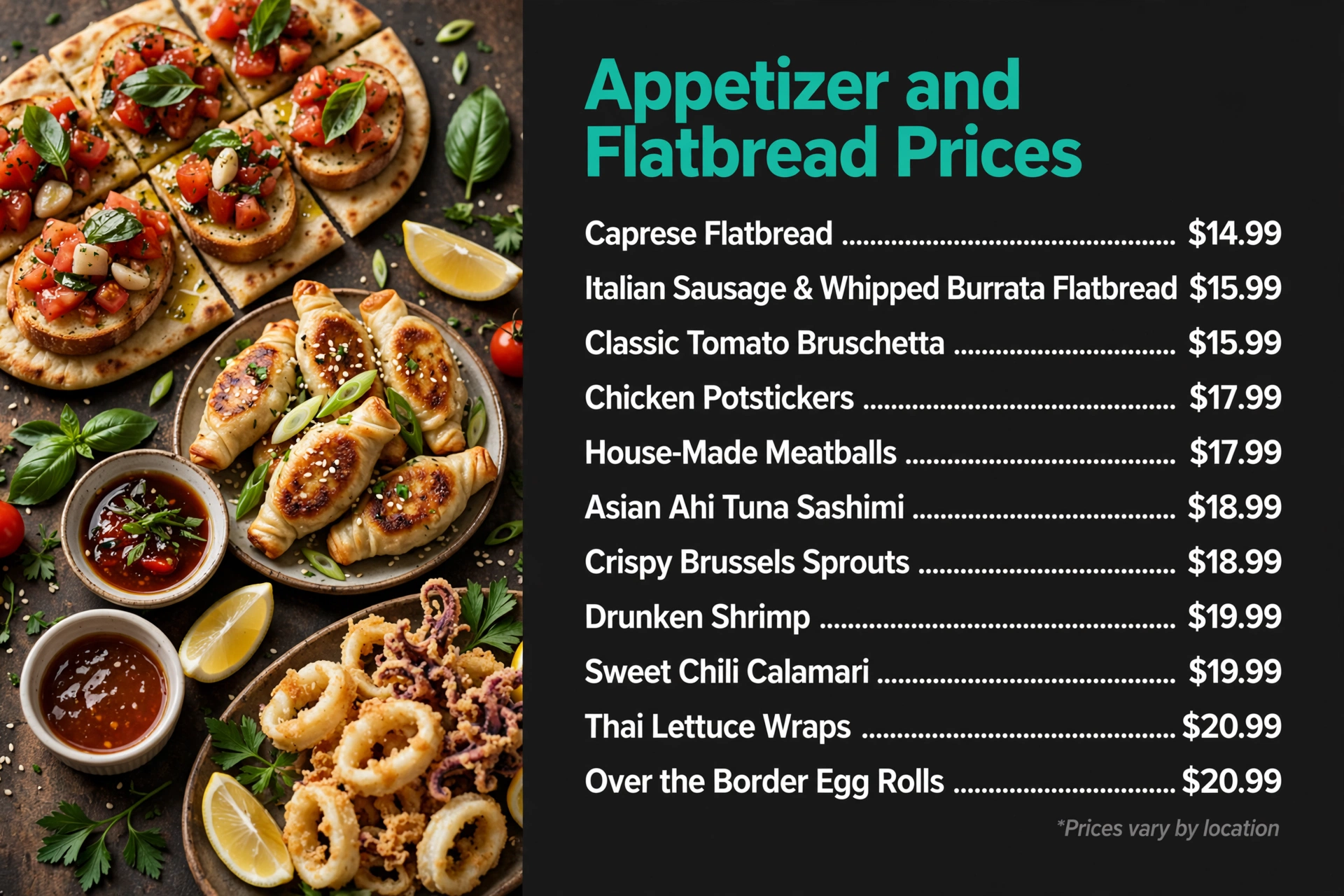 Cooper's Hawk appetizers and flatbreads prices infographic with item names and prices