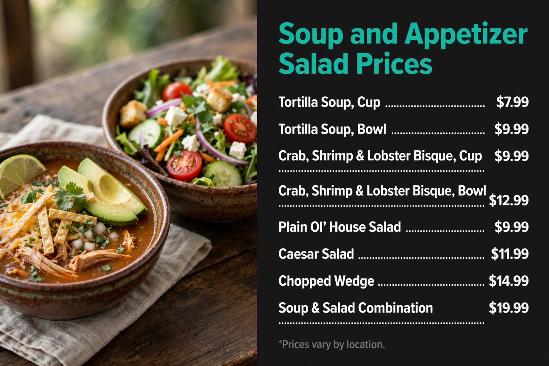 Cooper's Hawk soup and appetizer salad prices infographic with item names and prices