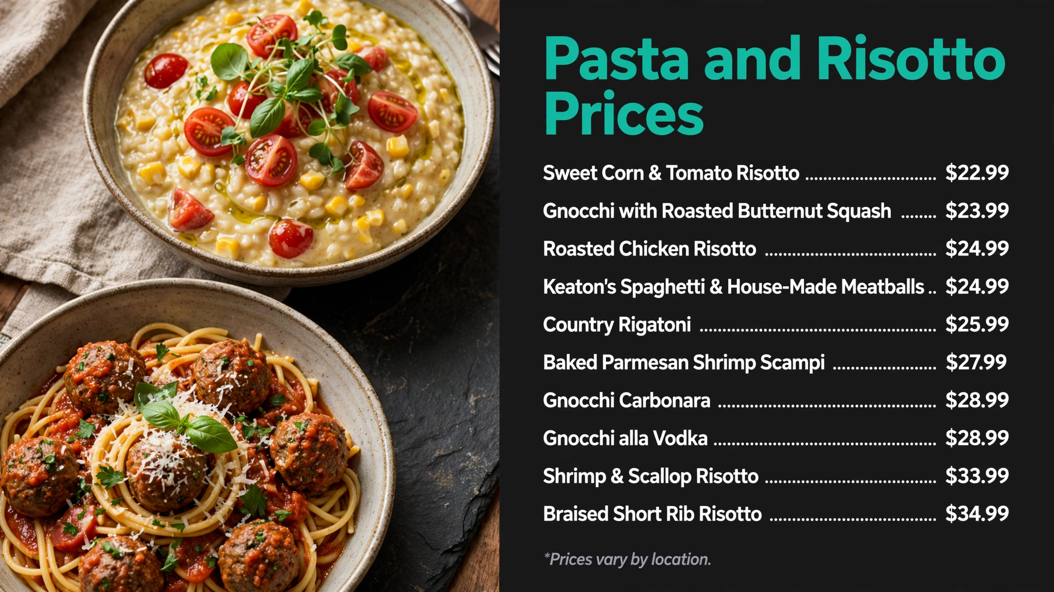 Cooper's Hawk pasta and risotto prices infographic with item names and prices