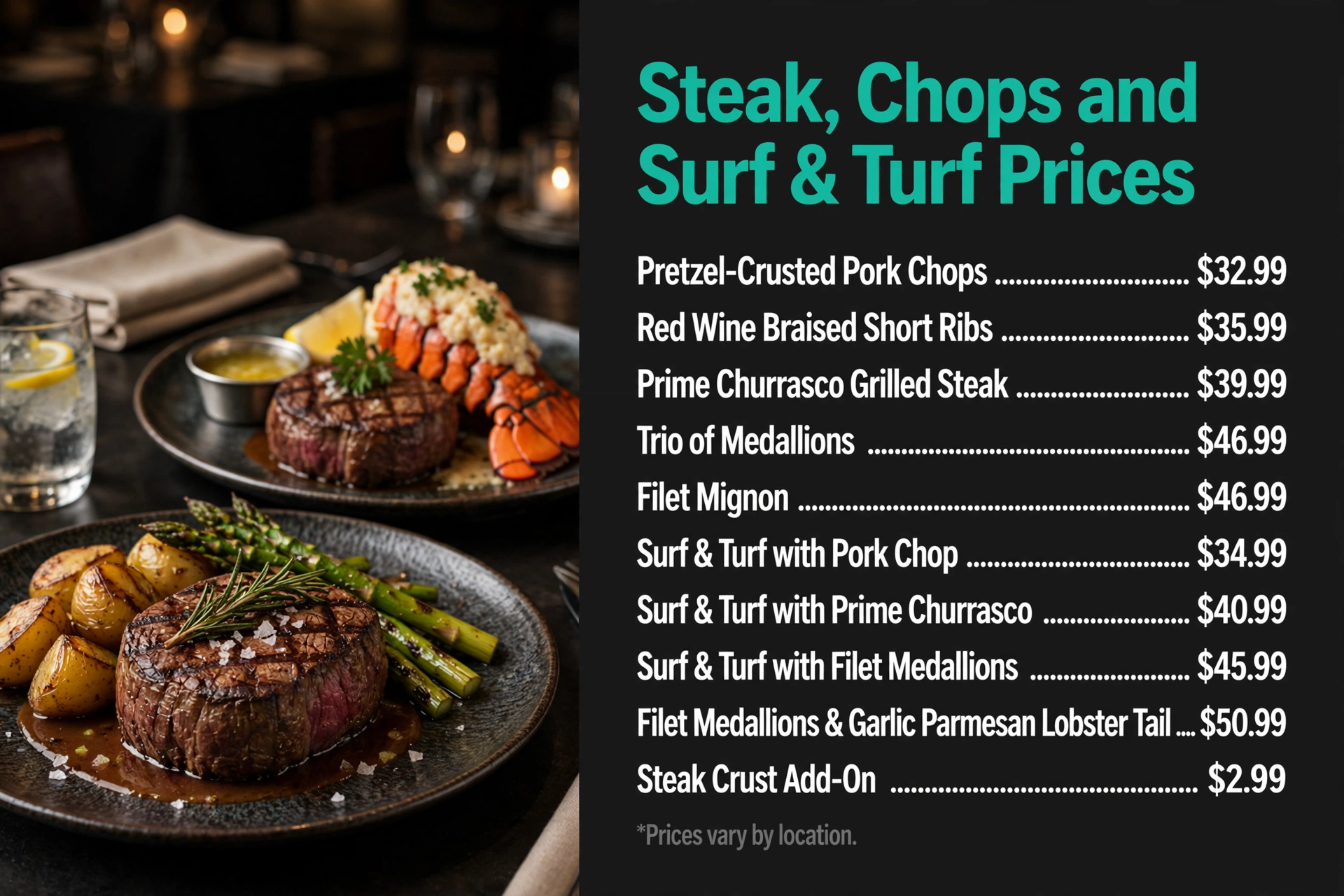 Cooper's Hawk steak, chops and surf and turf prices infographic with item names and prices