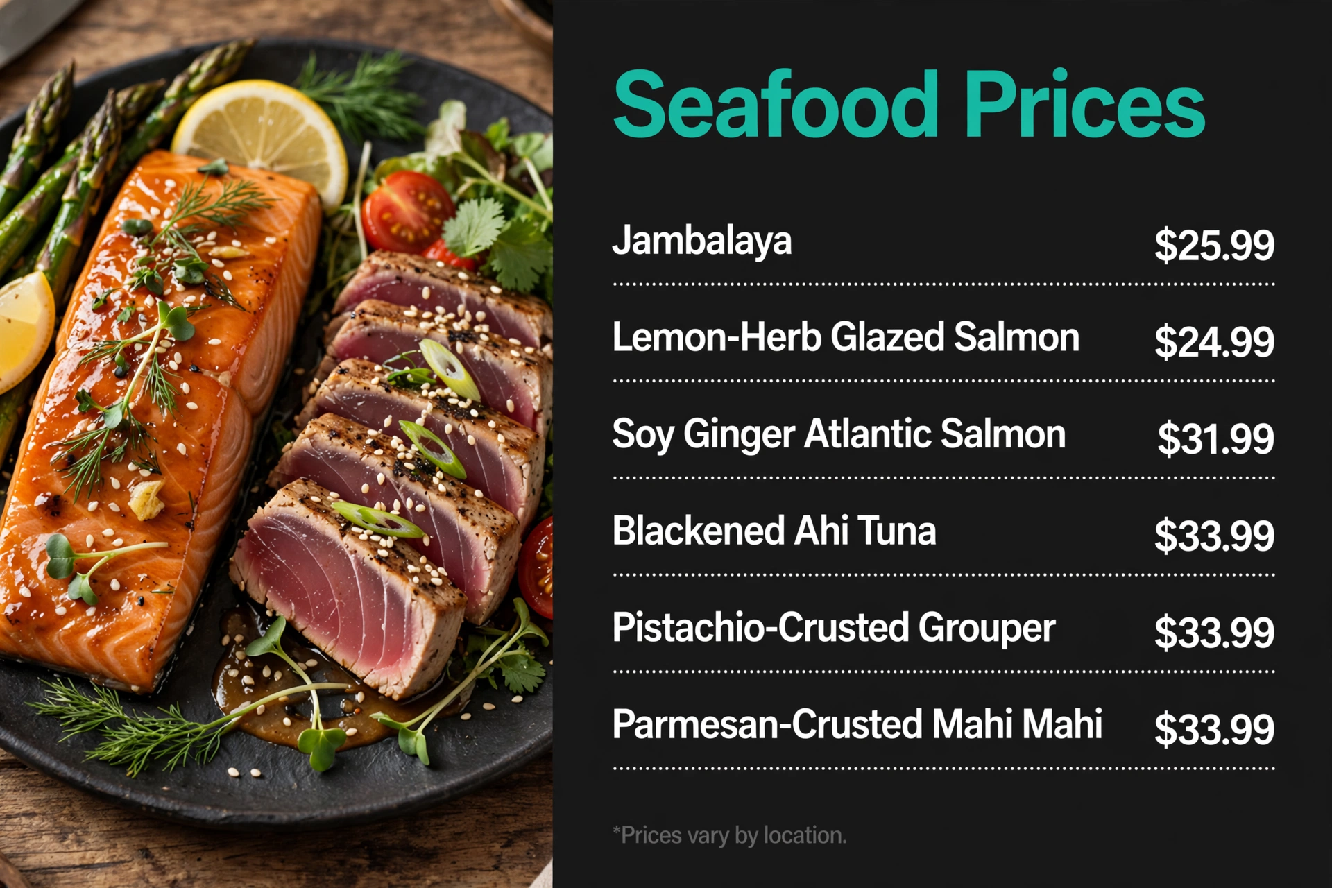 Cooper's Hawk seafood prices infographic with item names and prices