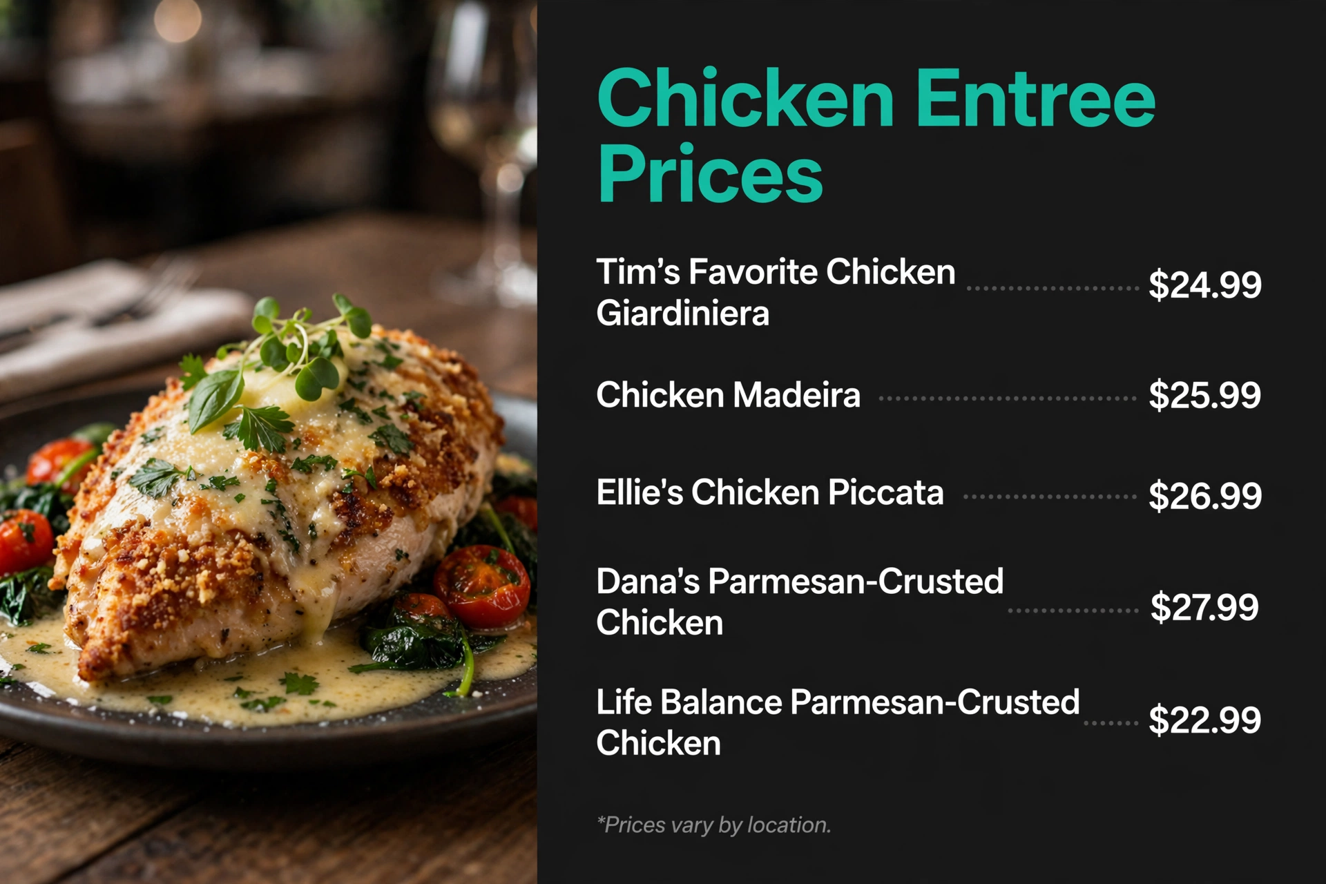 Cooper's Hawk chicken entree prices infographic with item names and prices