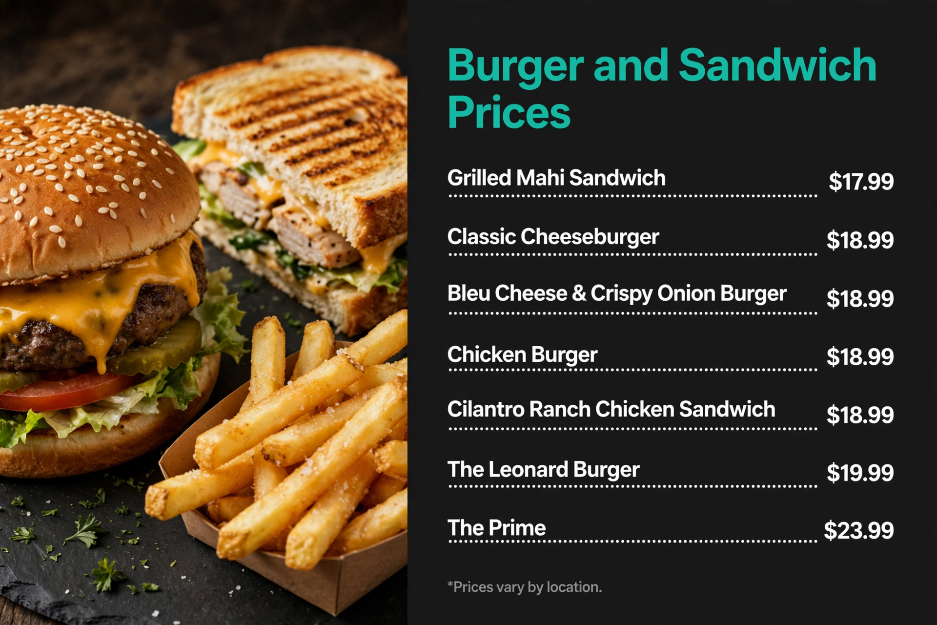 Cooper's Hawk burger and sandwich prices infographic with item names and prices