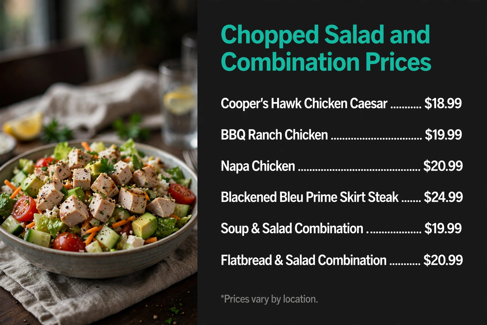 Cooper's Hawk chopped salad and combination prices infographic with item names and prices