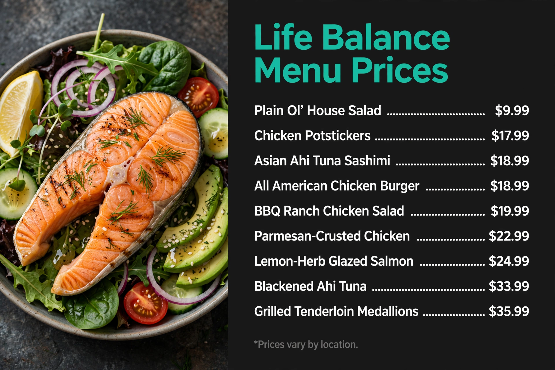 Cooper's Hawk Life Balance menu prices infographic with item names and prices