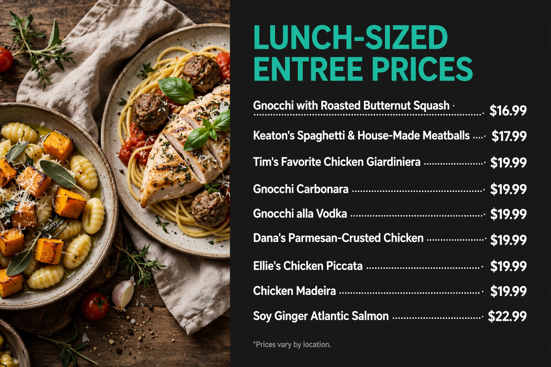 Cooper's Hawk lunch-sized entree prices infographic with item names and prices