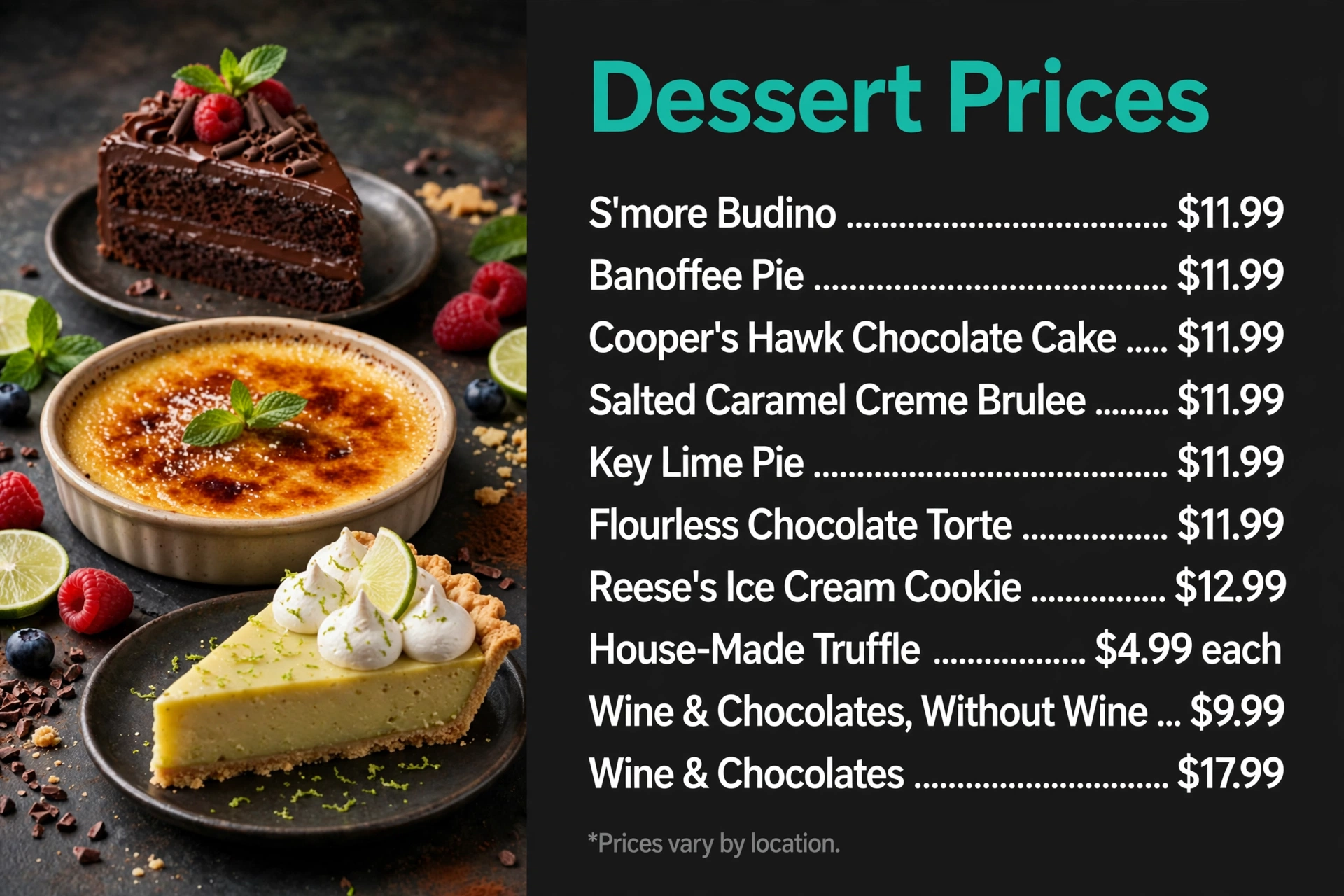 Cooper's Hawk dessert prices infographic with item names and prices