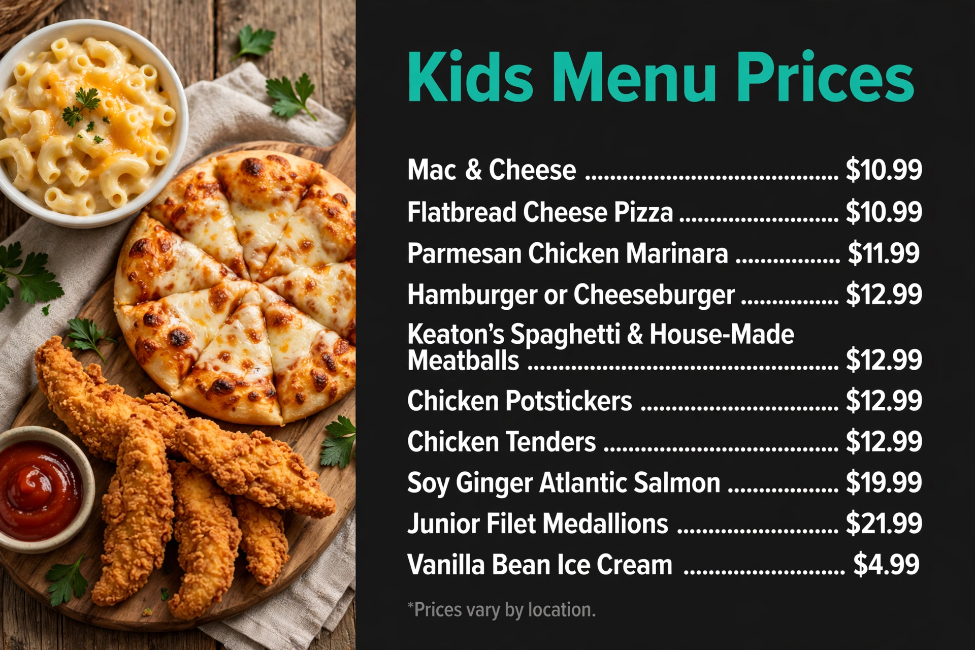 Cooper's Hawk kids menu prices infographic with item names and prices