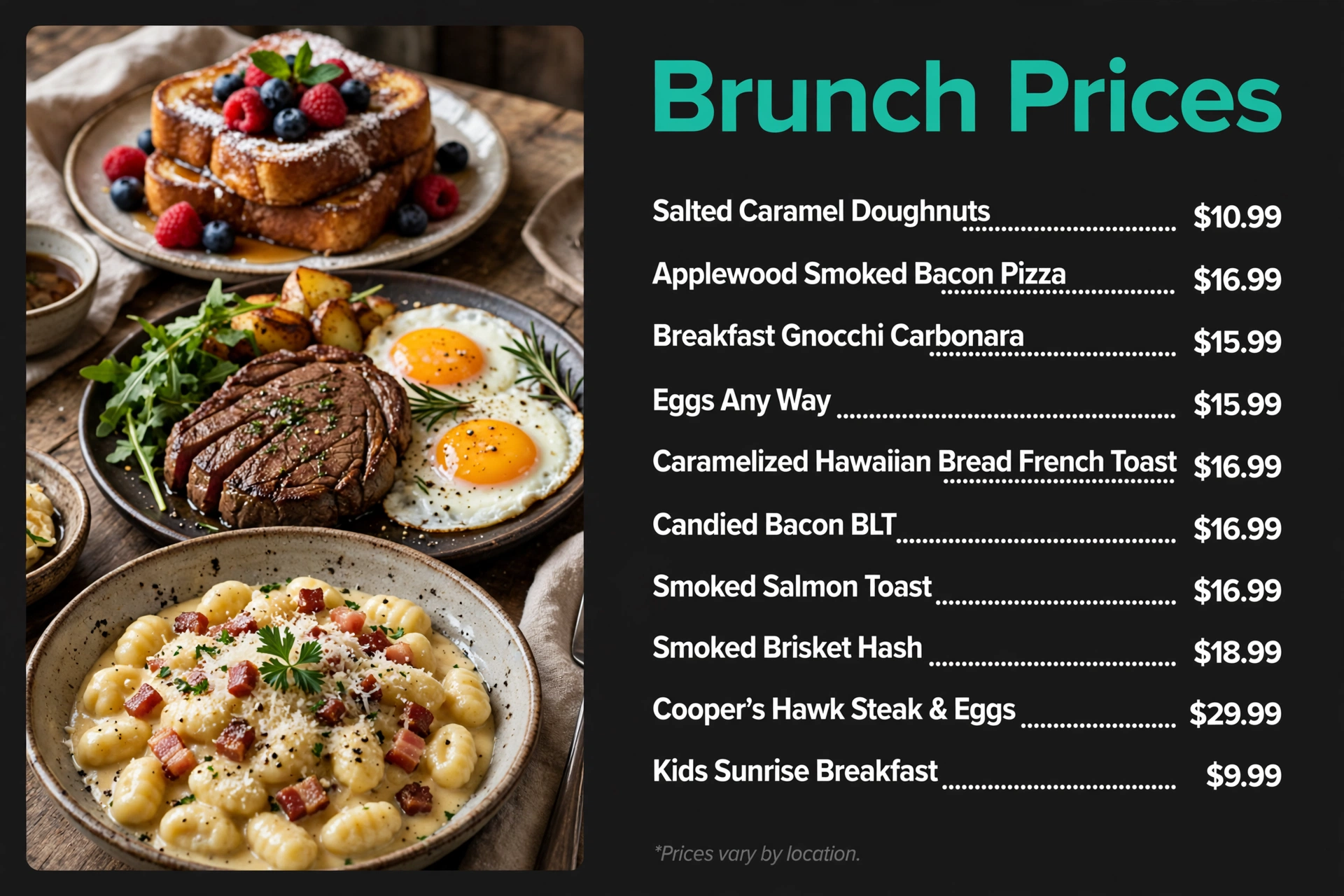 Cooper's Hawk brunch prices infographic with item names and prices