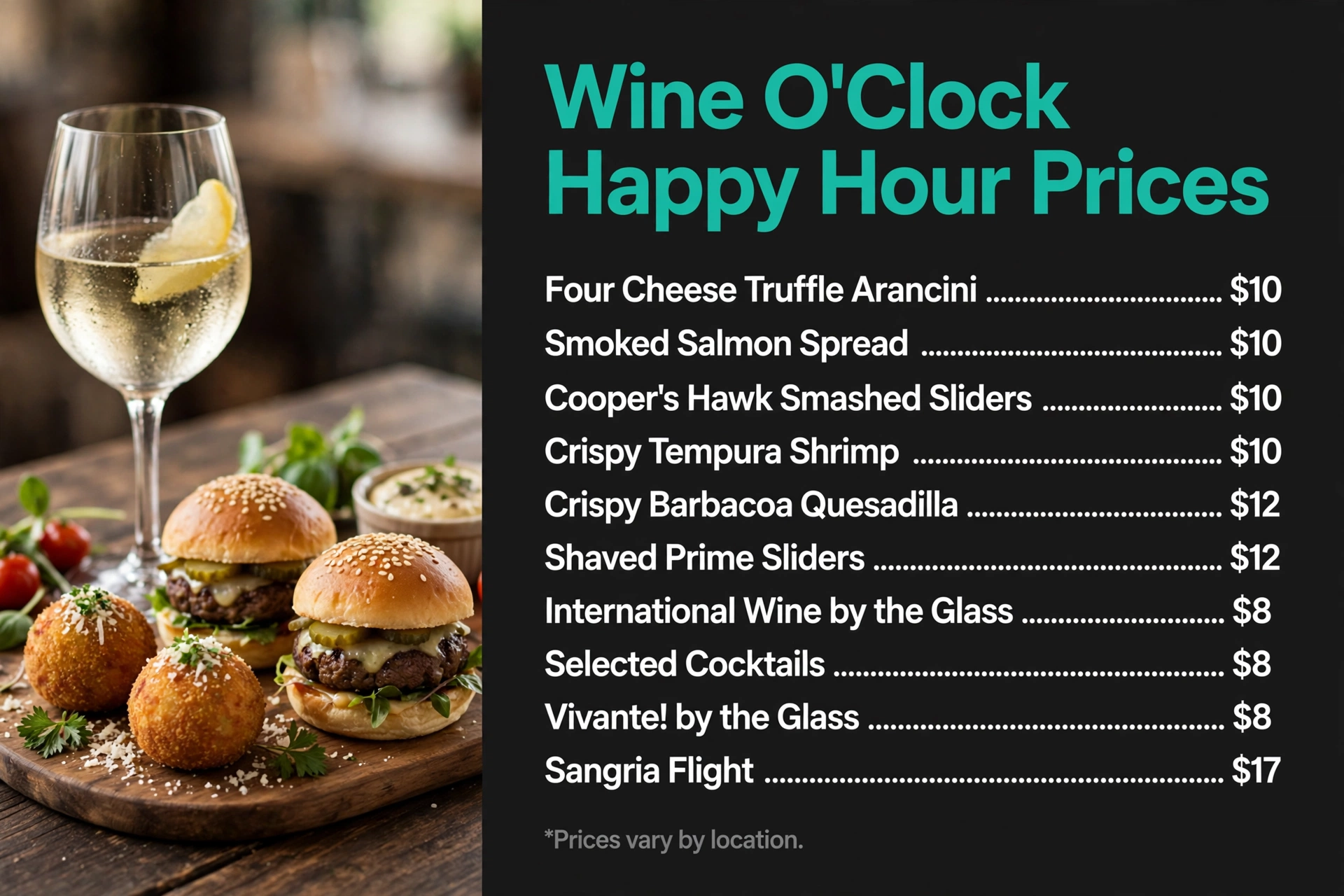 Cooper's Hawk Wine O'Clock happy hour prices infographic with item names and prices