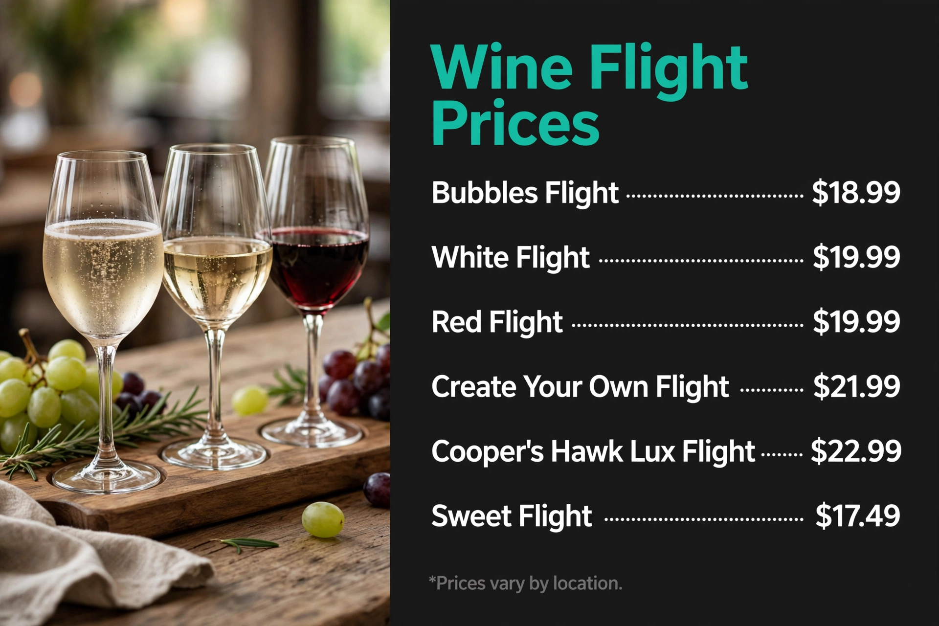Cooper's Hawk wine flight prices infographic with item names and prices
