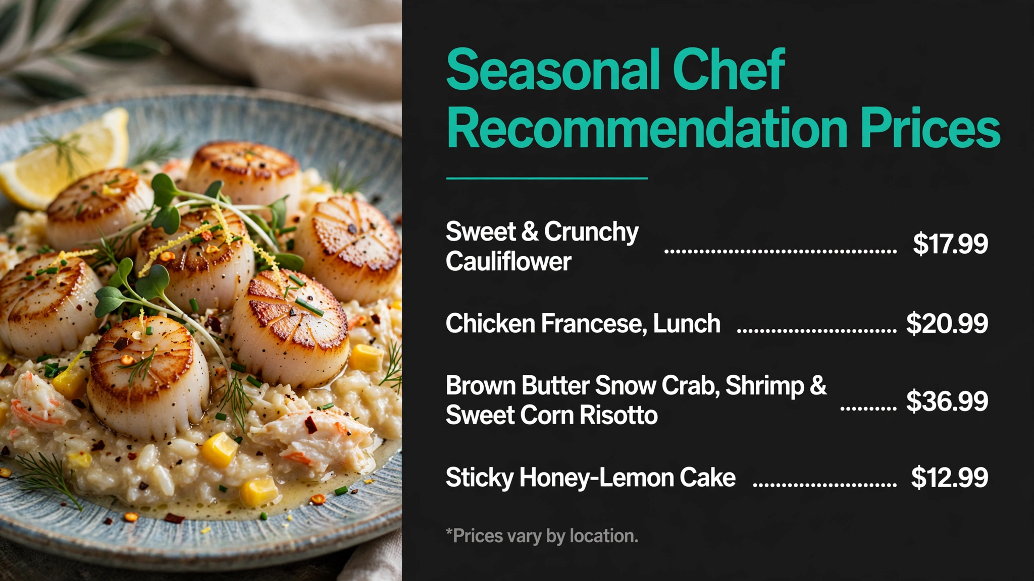 Cooper's Hawk seasonal chef recommendation prices infographic with item names and prices