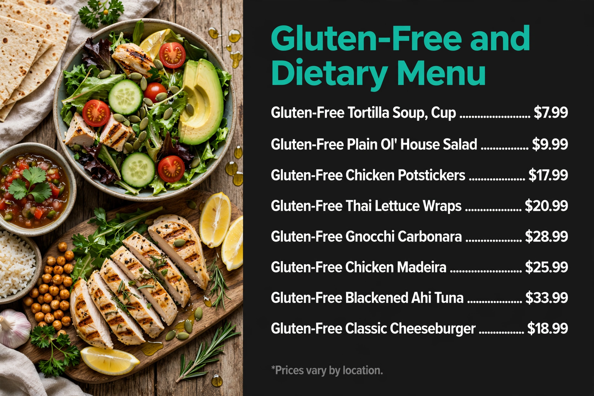 Cooper's Hawk gluten-free and dietary menu infographic with item names and price comparisons