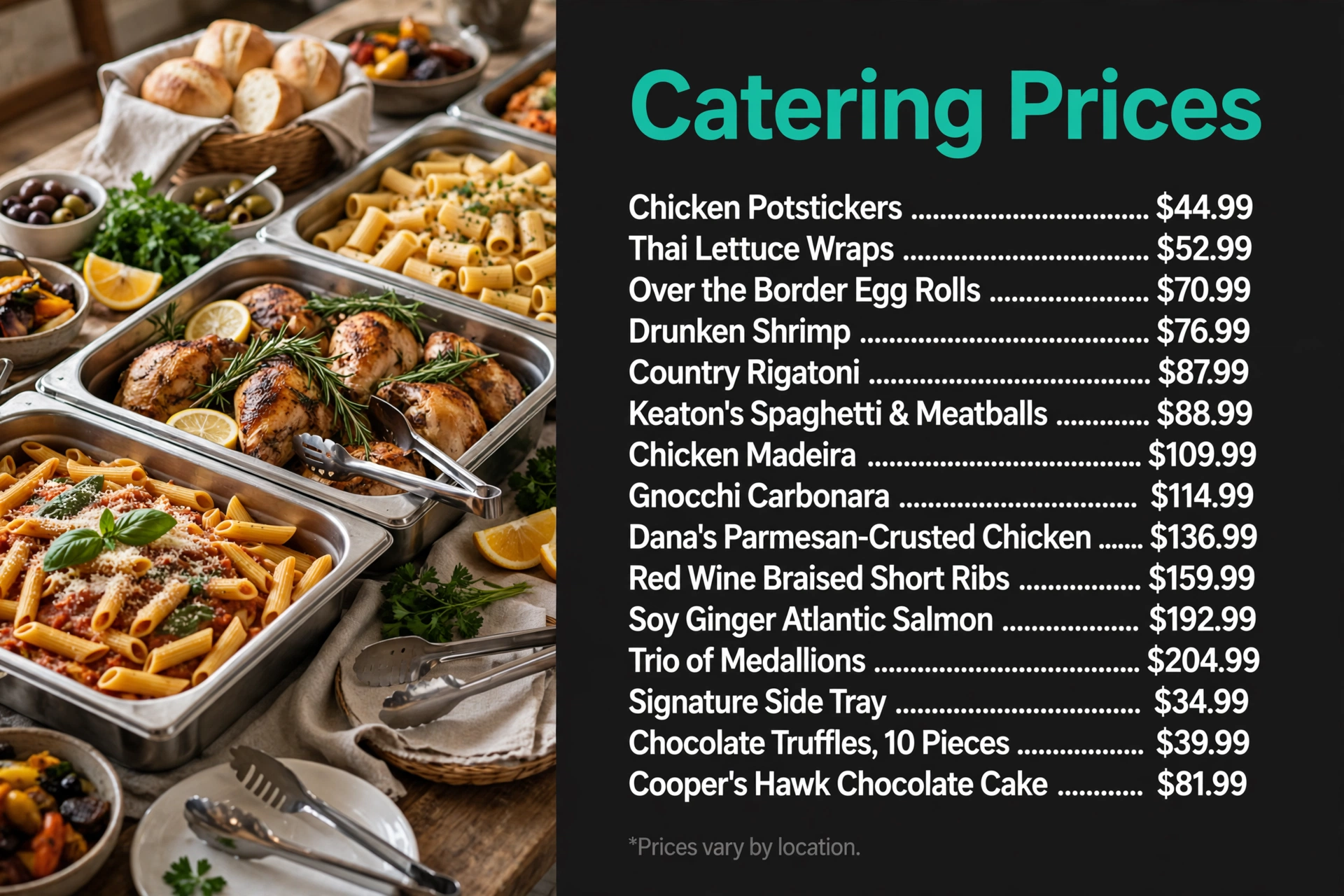 Cooper's Hawk catering prices infographic with item names and prices