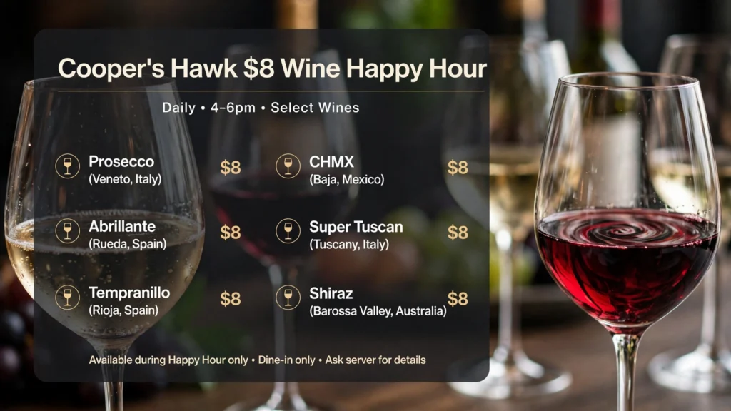 Cooper's Hawk $8 wine happy hour infographic