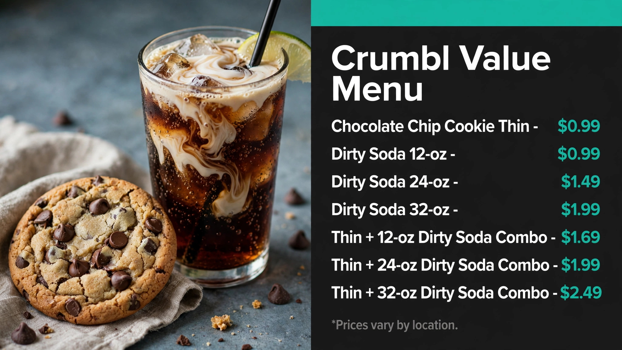 Crumbl Value Menu Dirty Sodas deal infographic