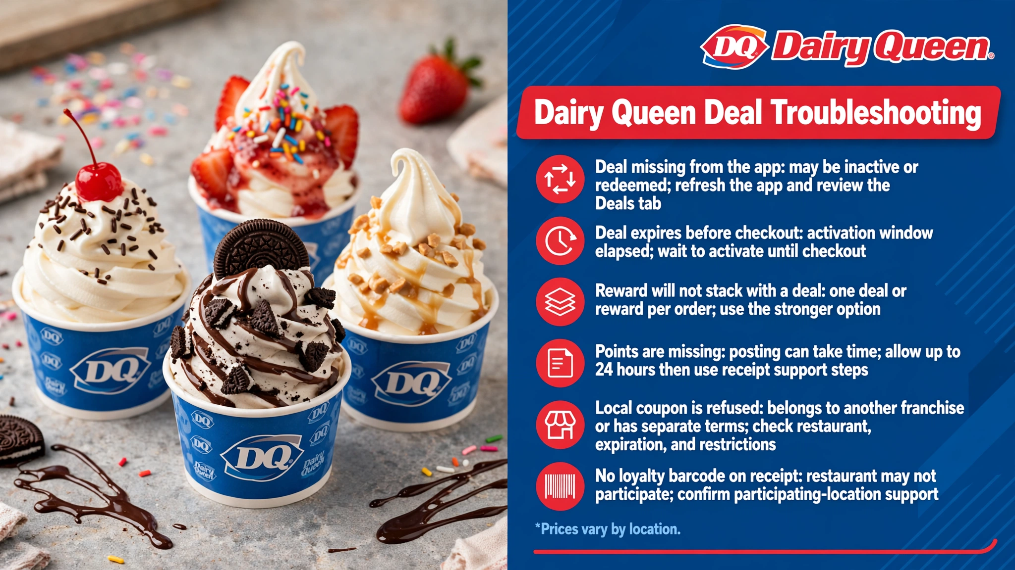 Dairy Queen deal troubleshooting infographic: missing app deals, expiring offers, stacking rules, missing points, refused local coupons and loyalty barcodes