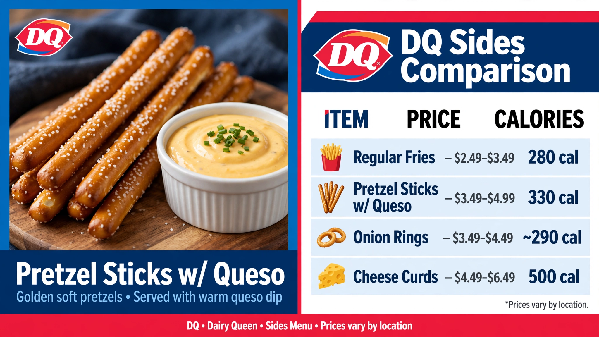 Dairy Queen sides comparison infographic - pretzel sticks, fries, onion rings, cheese curds