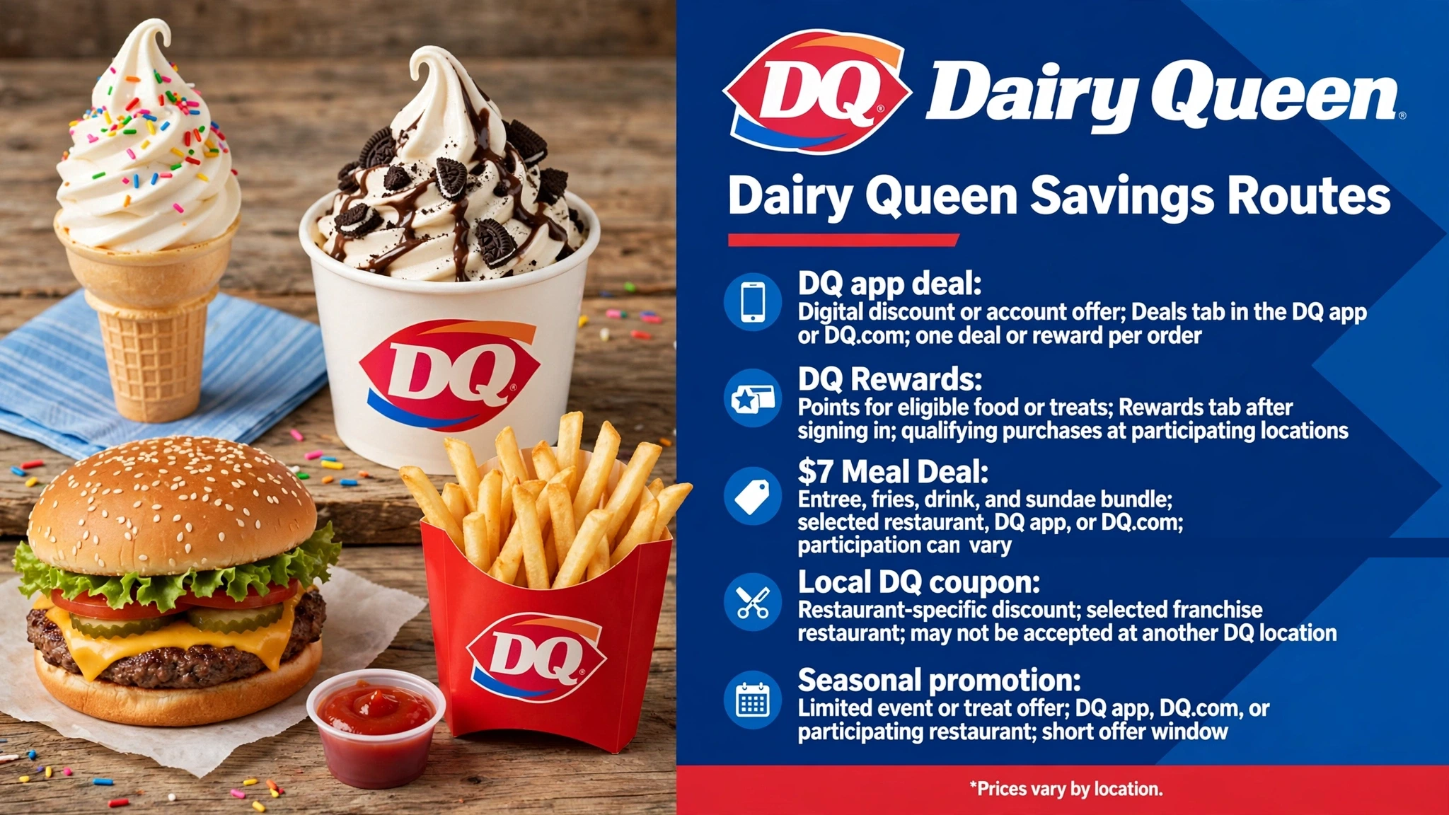 Dairy Queen savings routes infographic: DQ app deals, DQ Rewards points, $7 Meal Deal bundle, local DQ coupons and seasonal promotions