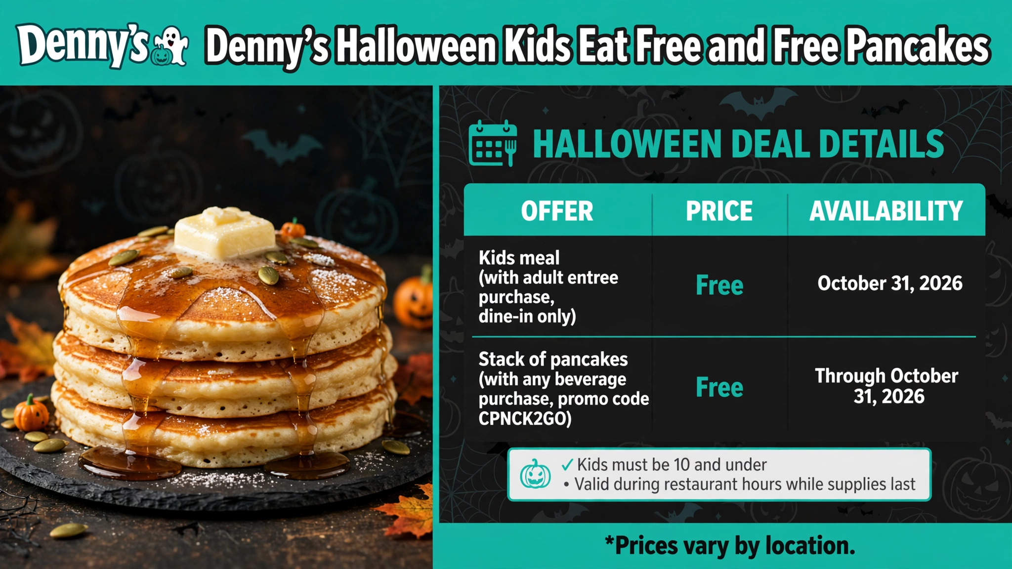 Denny's Halloween kids eat free and free pancakes deals infographic