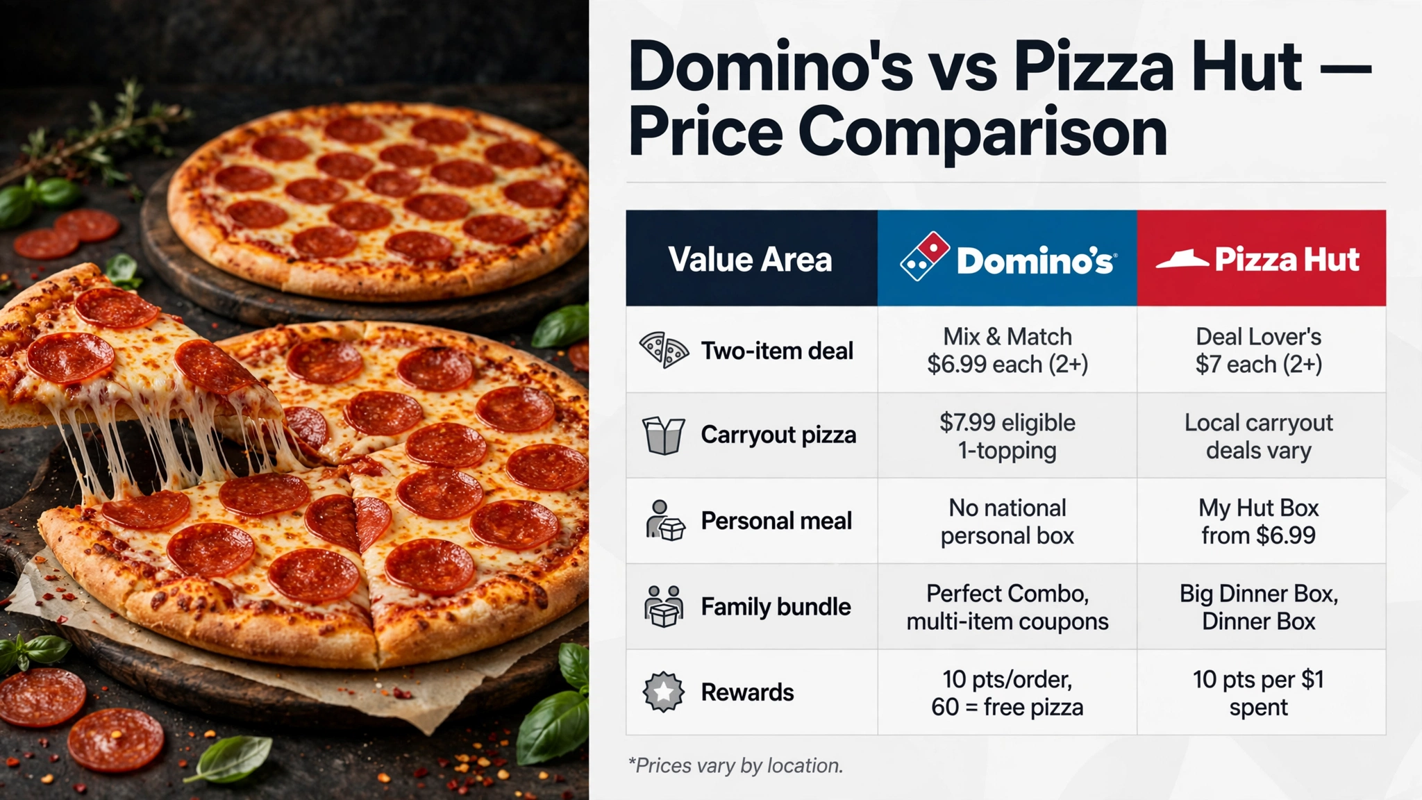Domino's vs Pizza Hut price comparison infographic