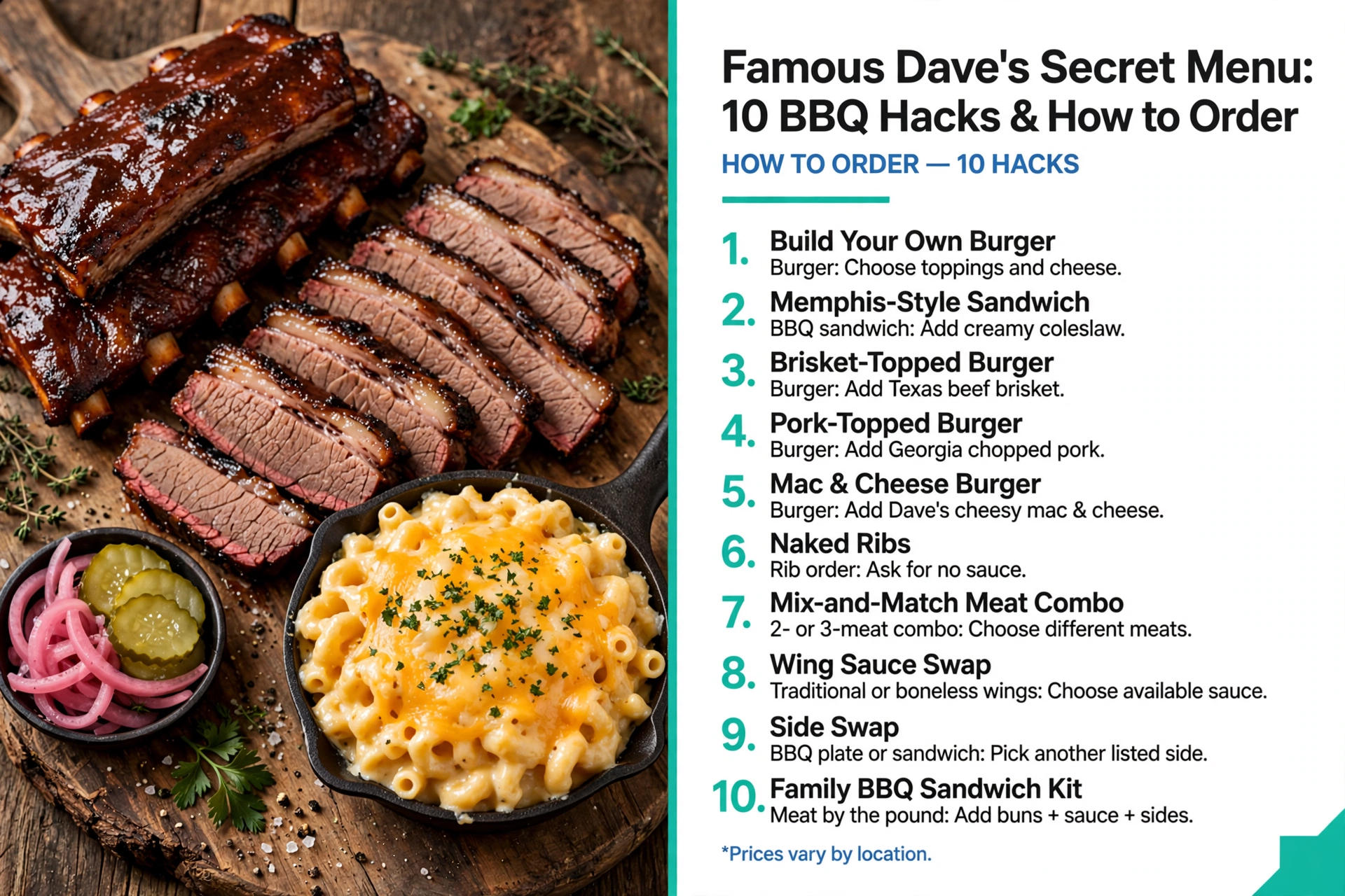 Famous Dave's Secret Menu infographic showing 10 BBQ hacks and how to order them