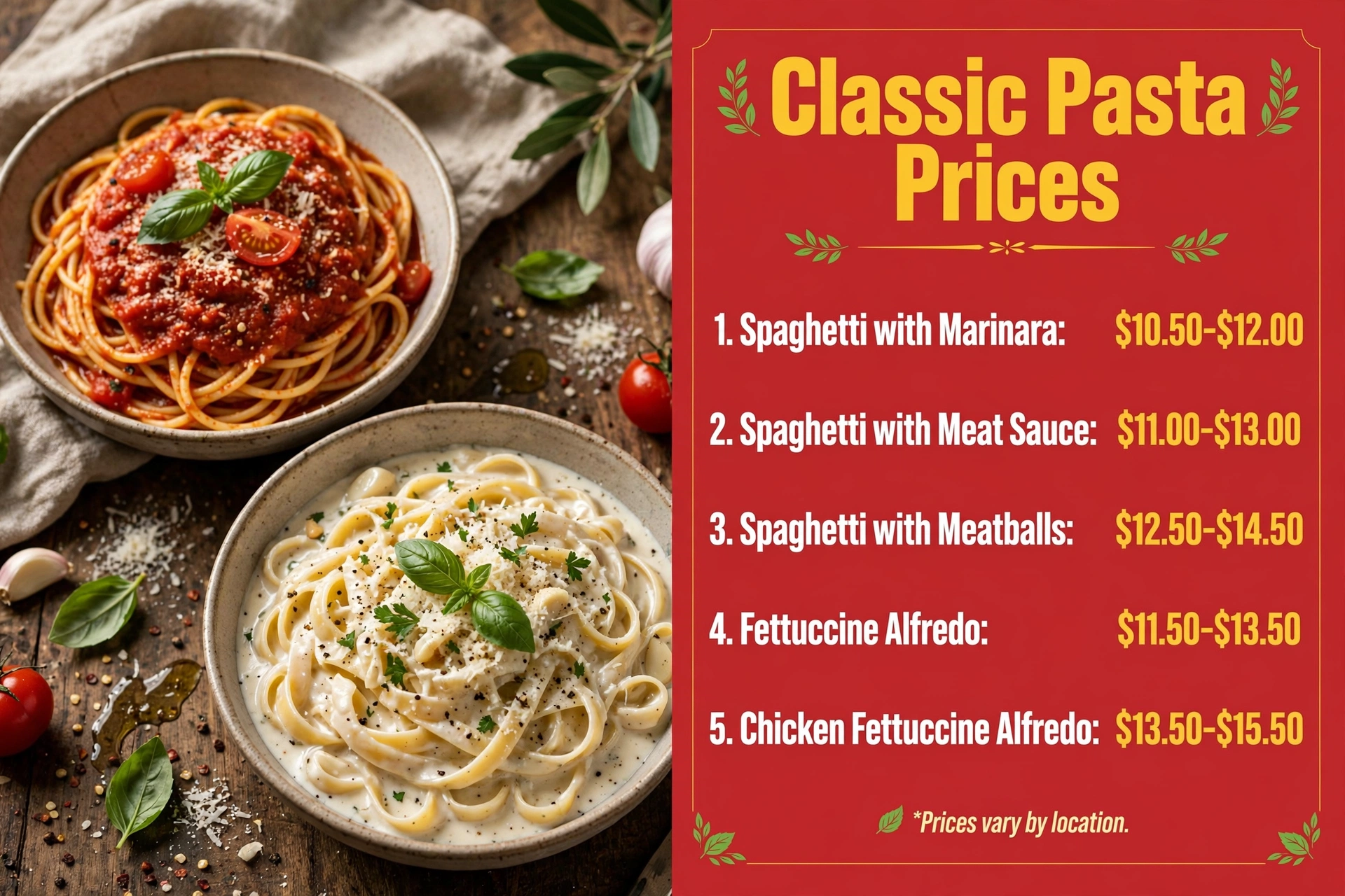 Fazoli's classic pasta prices infographic showing spaghetti with marinara, meat sauce, meatballs, fettuccine alfredo and chicken fettuccine alfredo price ranges