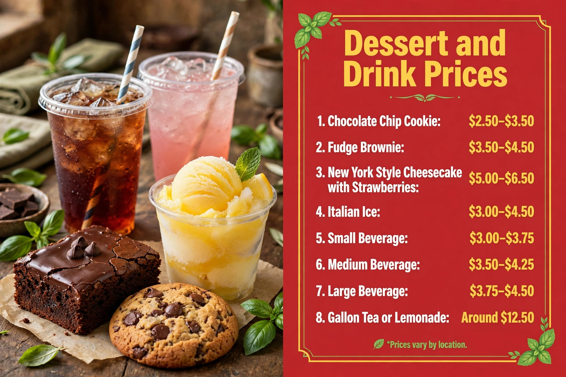 Fazoli's dessert and drink prices infographic showing chocolate chip cookie, fudge brownie, cheesecake with strawberries, Italian ice and beverage price ranges