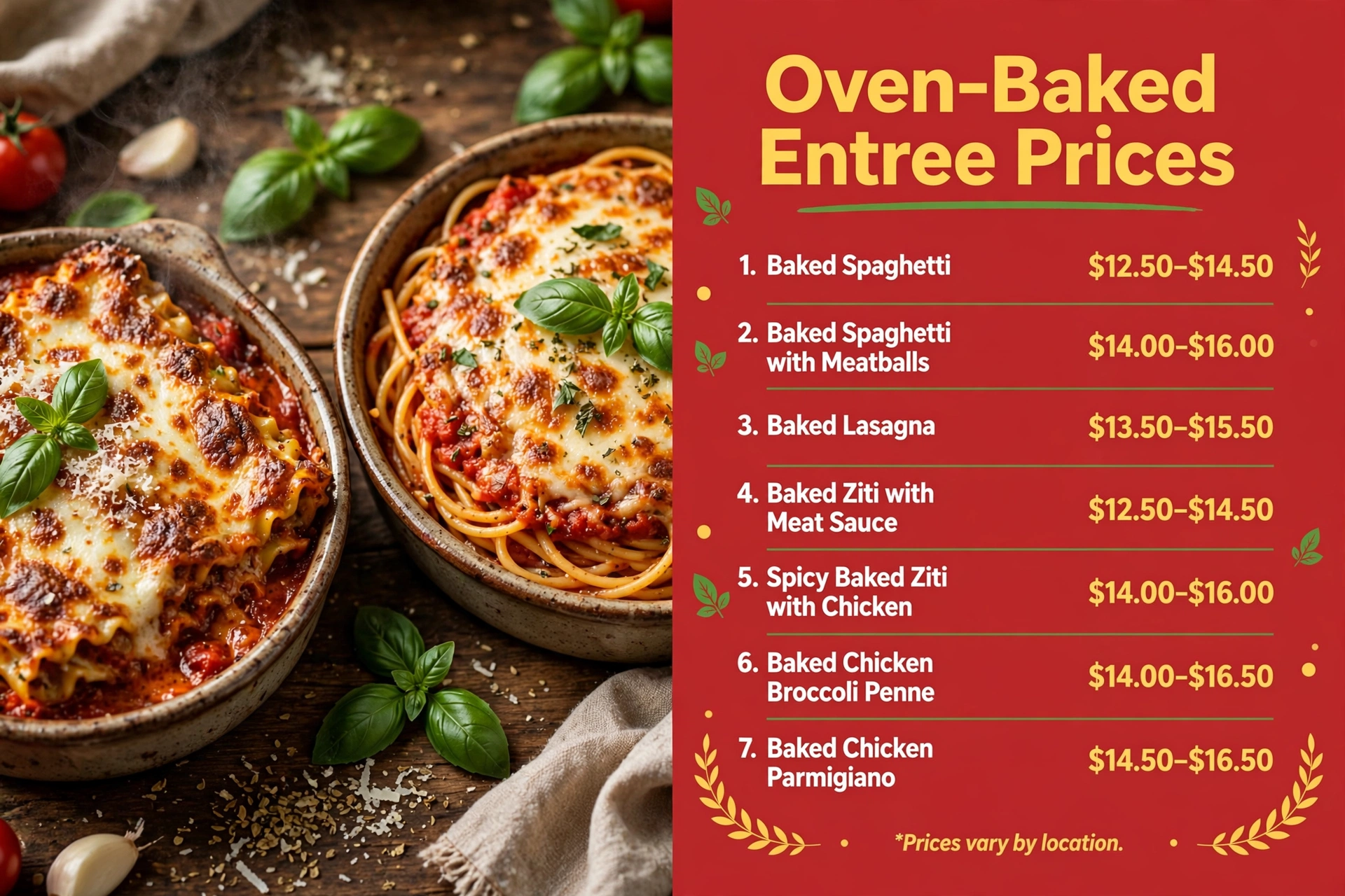 Fazoli's oven-baked entree prices infographic showing baked spaghetti, baked spaghetti with meatballs, baked lasagna, baked ziti, spicy baked ziti with chicken, baked chicken broccoli penne and baked chicken parmigiano price ranges