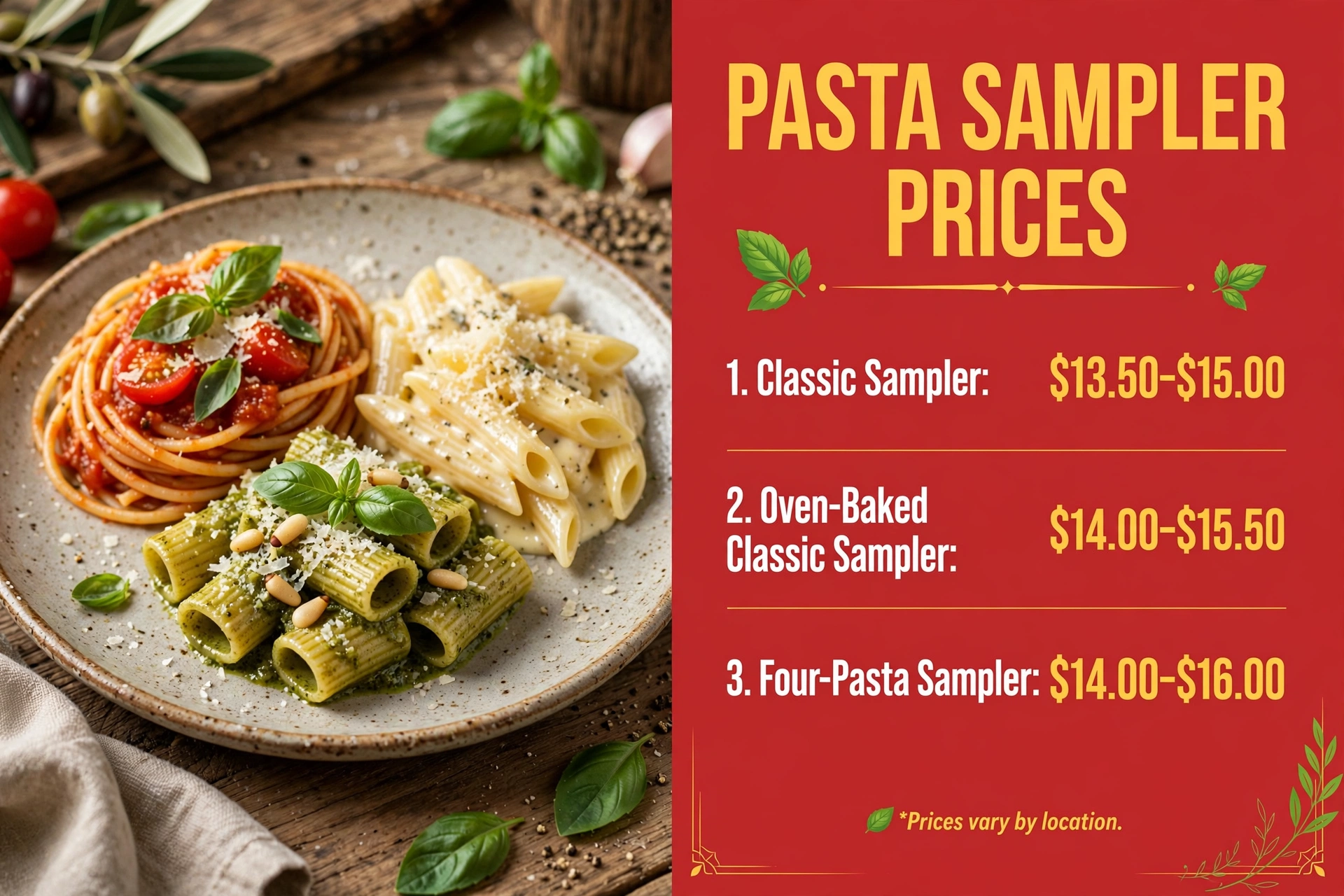 Fazoli's pasta sampler prices infographic showing classic sampler, oven-baked classic sampler and four-pasta sampler price ranges