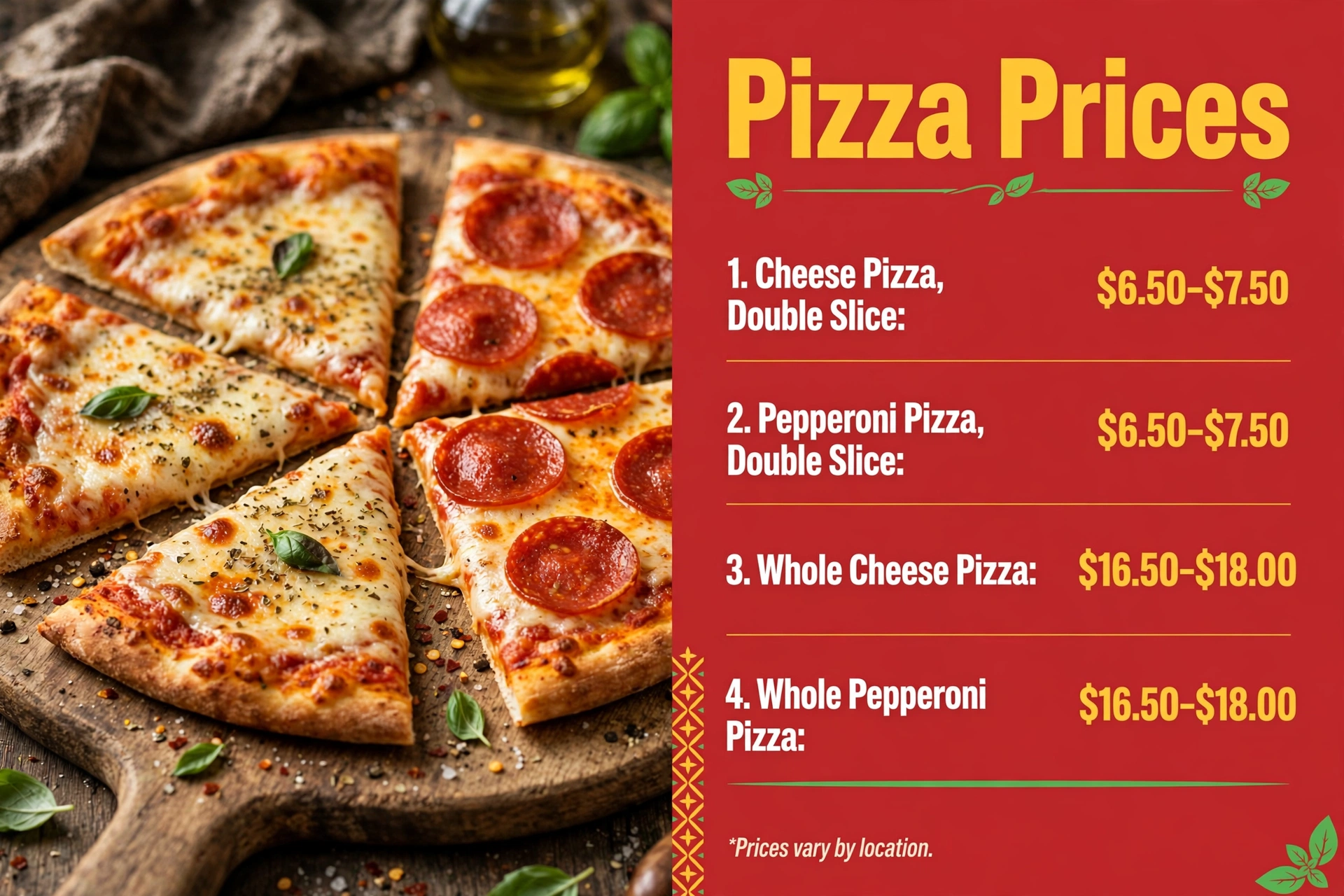 Fazoli's pizza prices infographic showing cheese and pepperoni double slices and whole cheese and pepperoni pizza price ranges