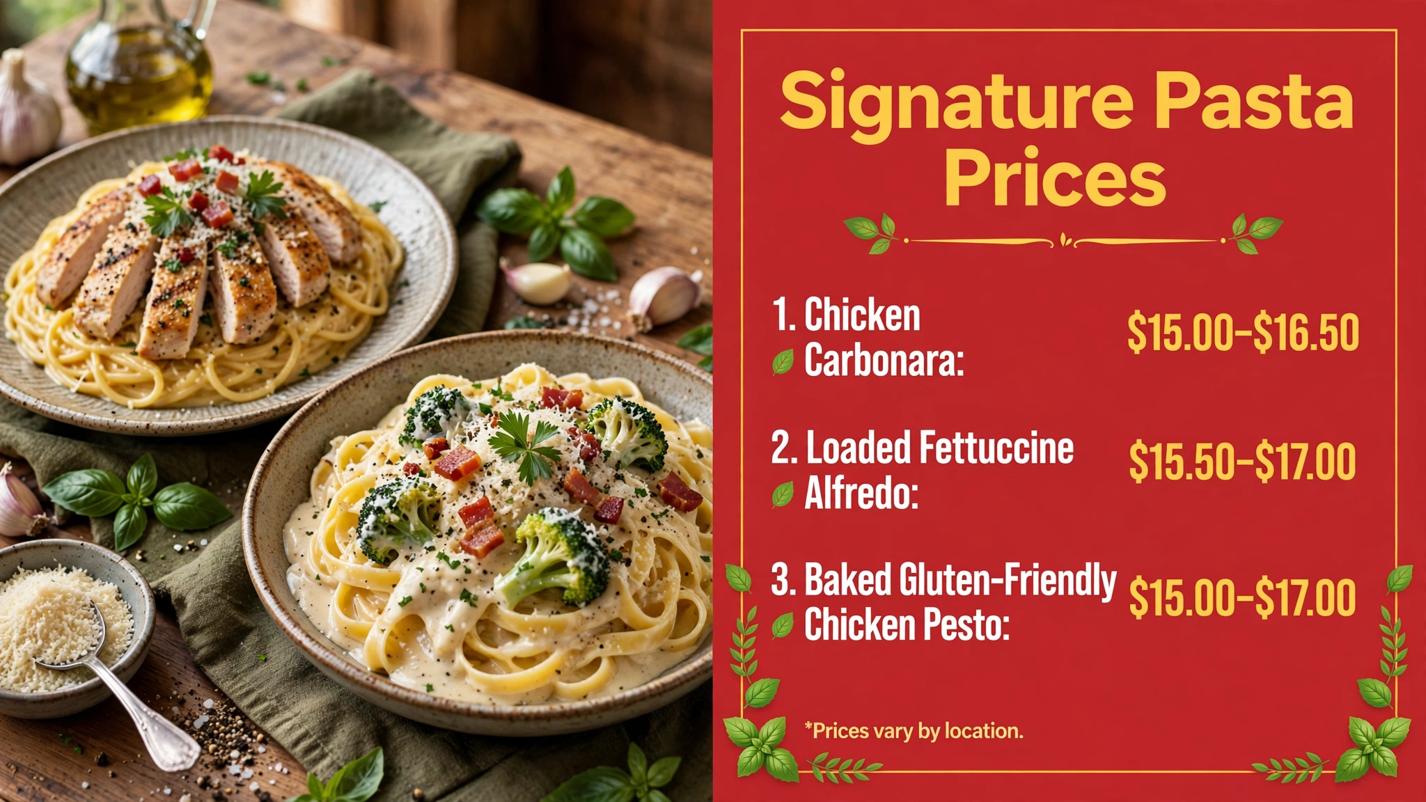 Fazoli's signature pasta prices infographic showing chicken carbonara, loaded fettuccine alfredo and baked gluten-friendly chicken pesto price ranges