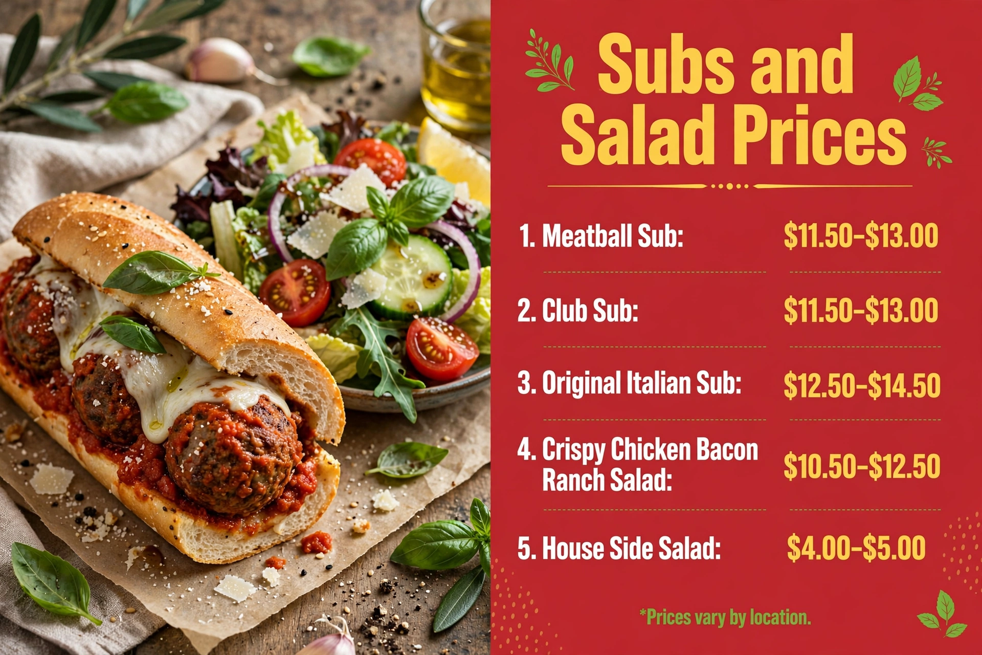 Fazoli's subs and salad prices infographic showing meatball sub, club sub, original Italian sub, crispy chicken bacon ranch salad and house side salad price ranges