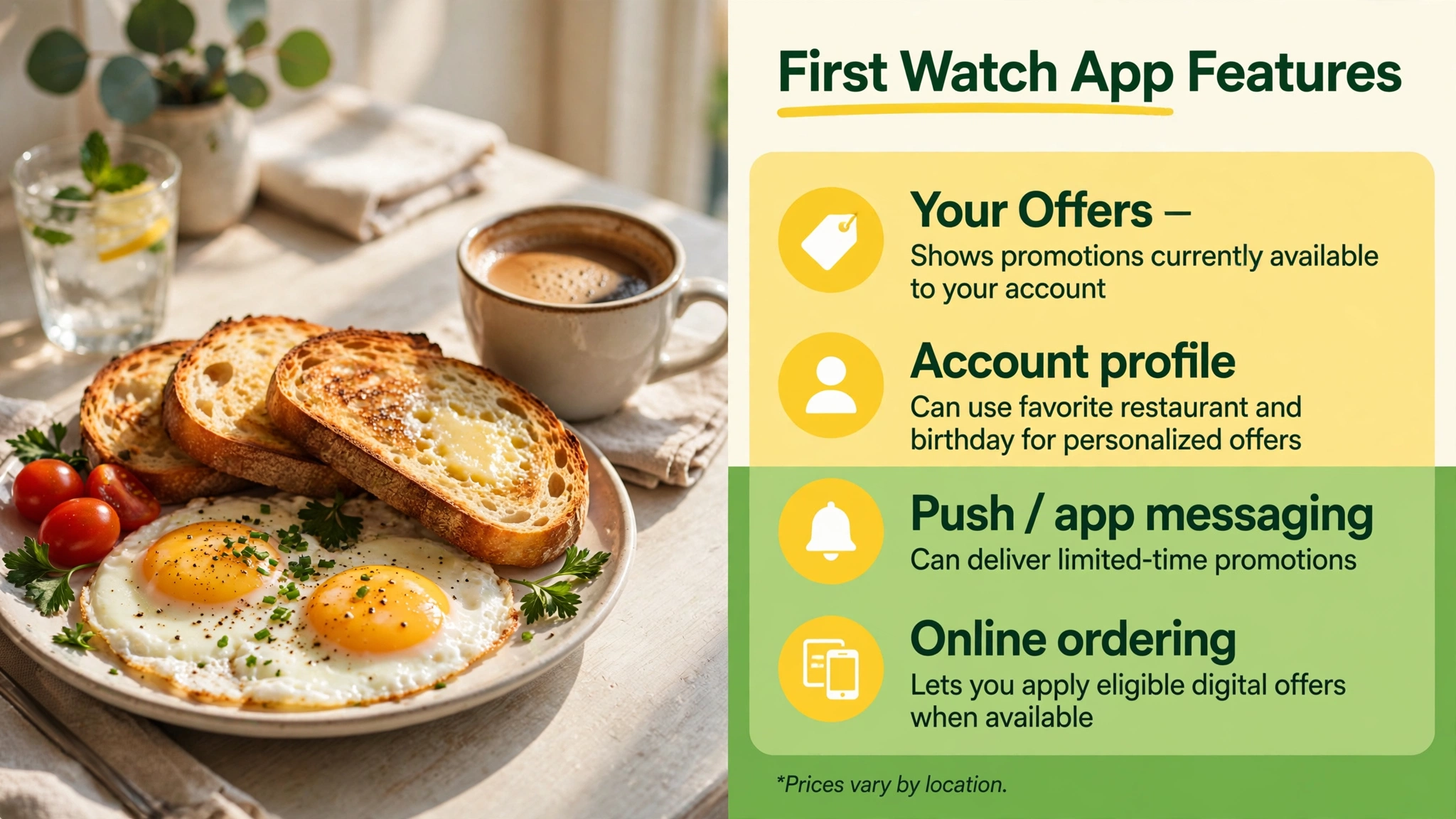 First Watch app features infographic showing Your Offers, account profile, push messaging and online ordering