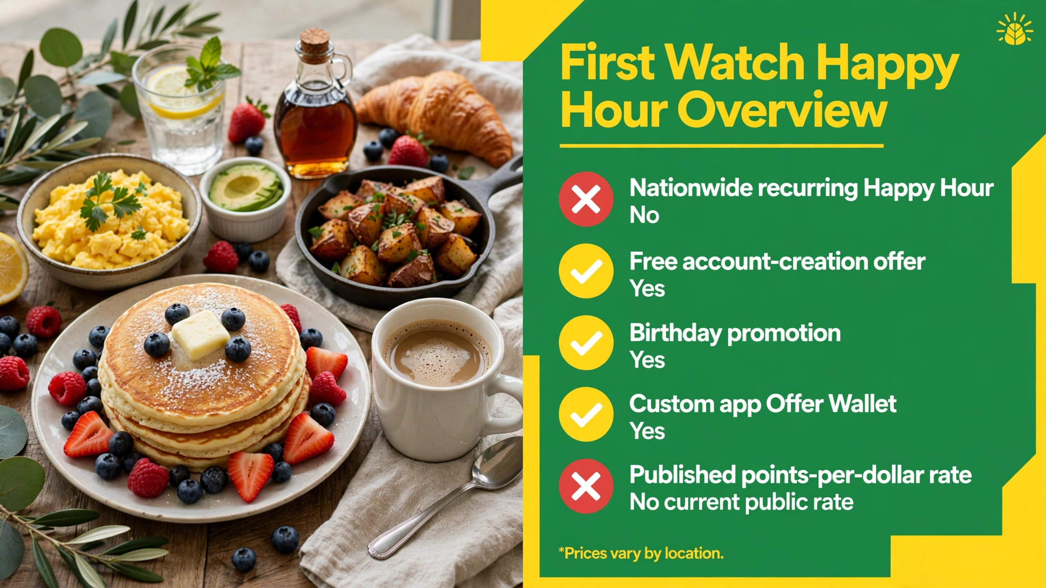 First Watch Happy Hour overview infographic showing nationwide happy hour, free account offer, birthday promotion and app Offer Wallet facts